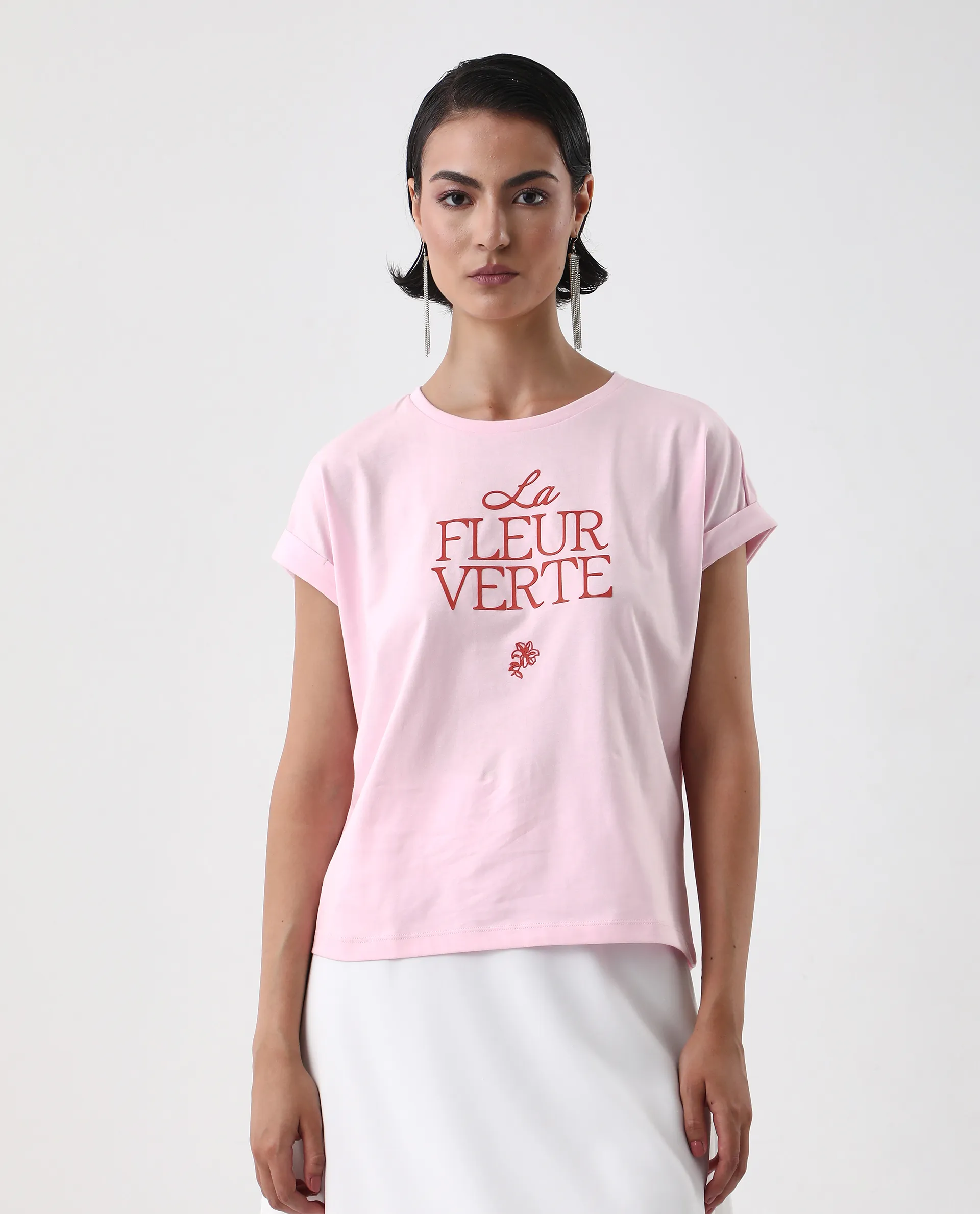 Rareism Women's Somrit Light Pink Cotton Crew Neck Graphic Print Extended Sleeves Regular Fit T-Shirt - Image 2