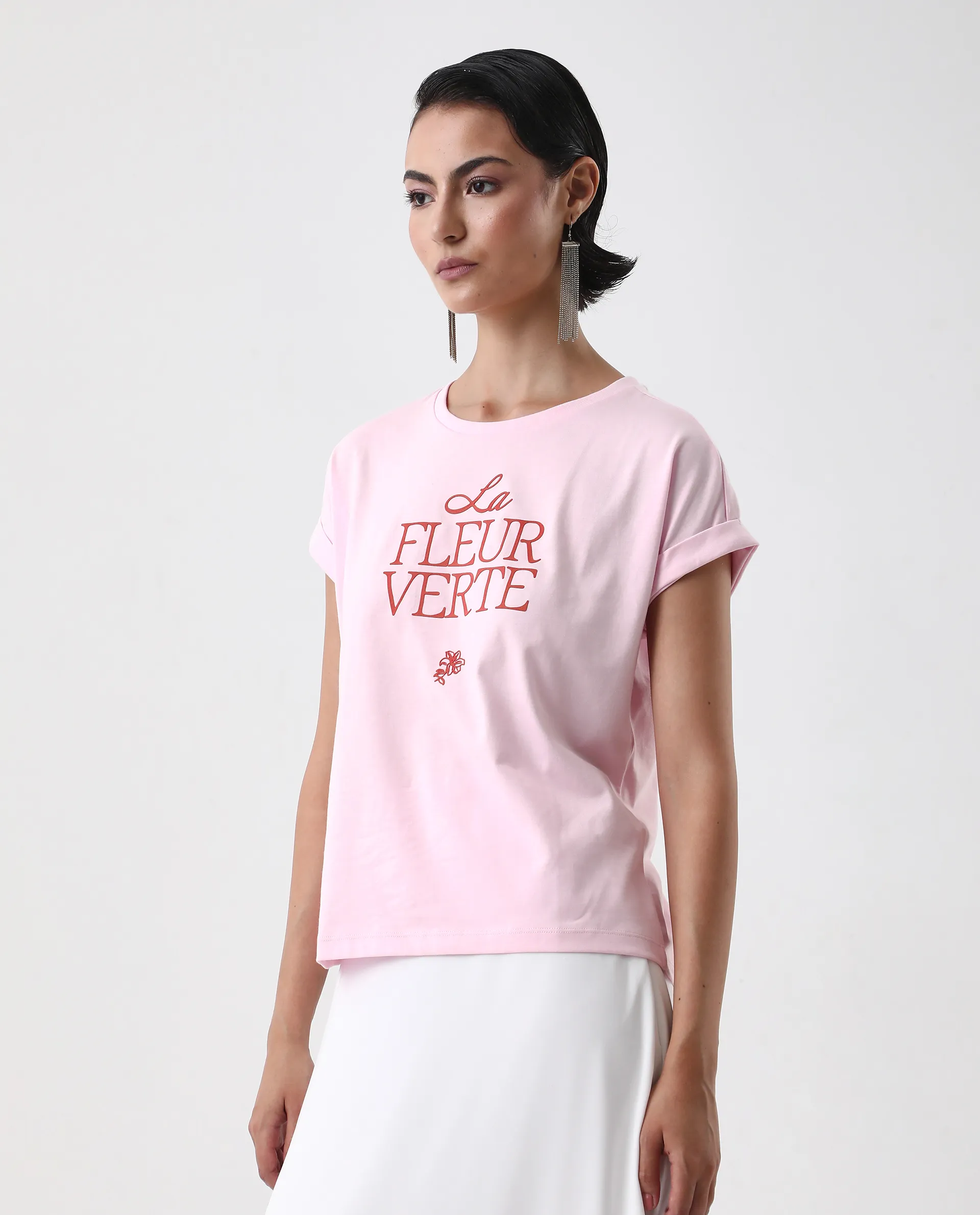 Rareism Women's Somrit Light Pink Cotton Crew Neck Graphic Print Extended Sleeves Regular Fit T-Shirt - Image 4