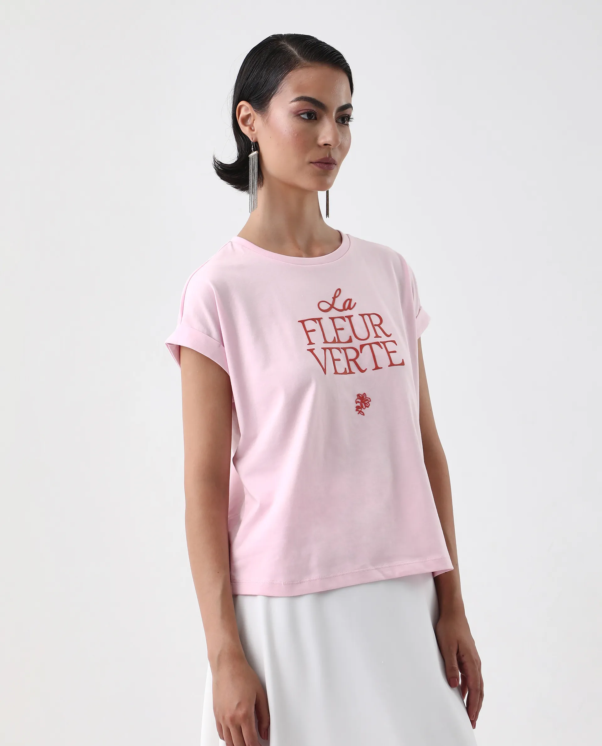 Rareism Women's Somrit Light Pink Cotton Crew Neck Graphic Print Extended Sleeves Regular Fit T-Shirt - Image 5