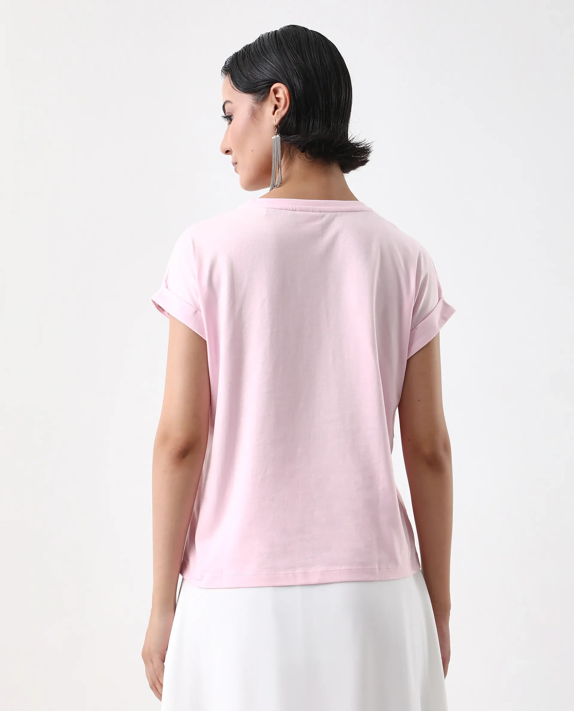 Rareism Women's Somrit Light Pink Cotton Crew Neck Graphic Print Extended Sleeves Regular Fit T-Shirt - Image 7