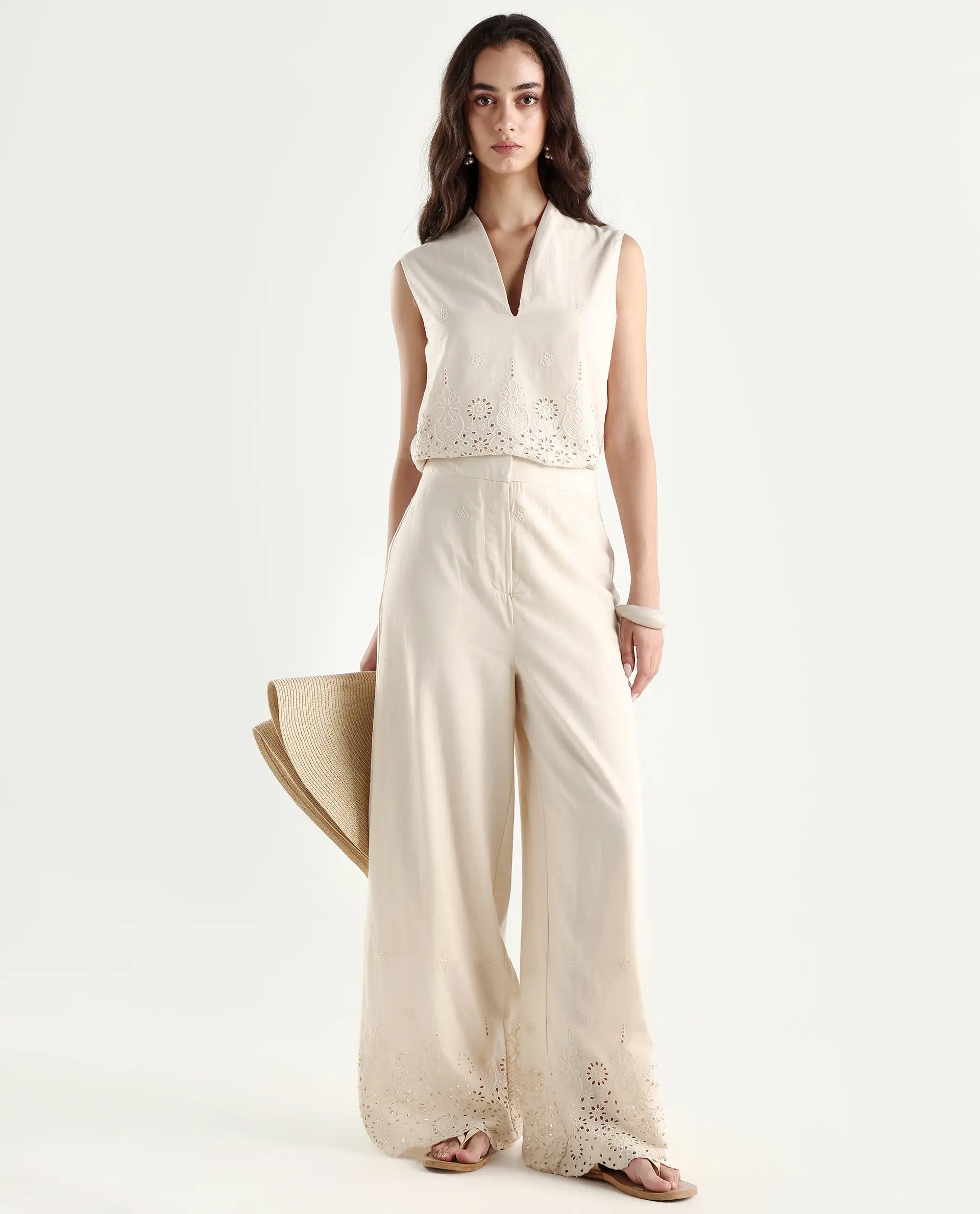 Rareism Women's Somse B Beige Cotton Plain Ankle Length Straight Fit Trouser