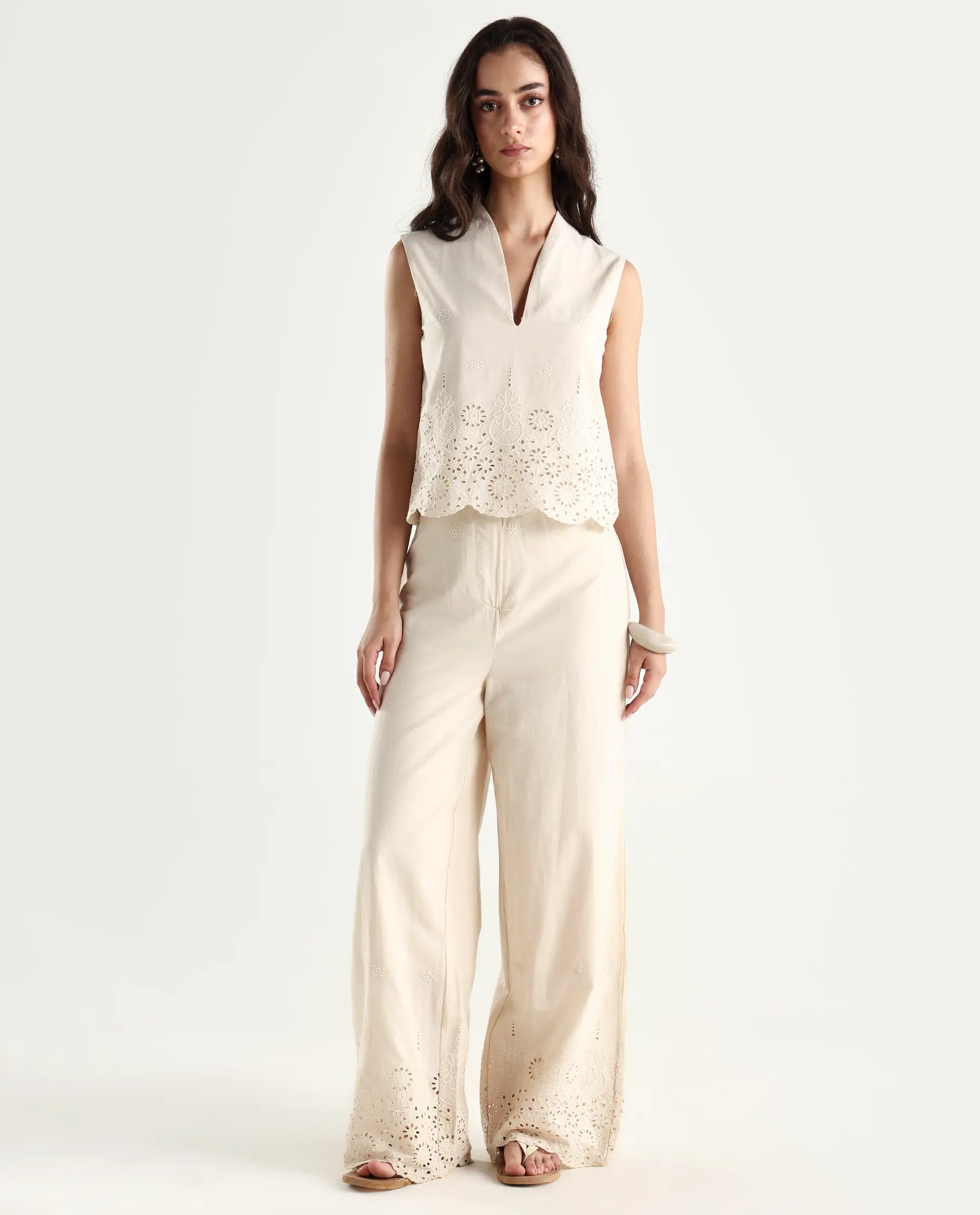 Rareism Women's Somse B Beige Cotton Plain Ankle Length Straight Fit Trouser - Image 2