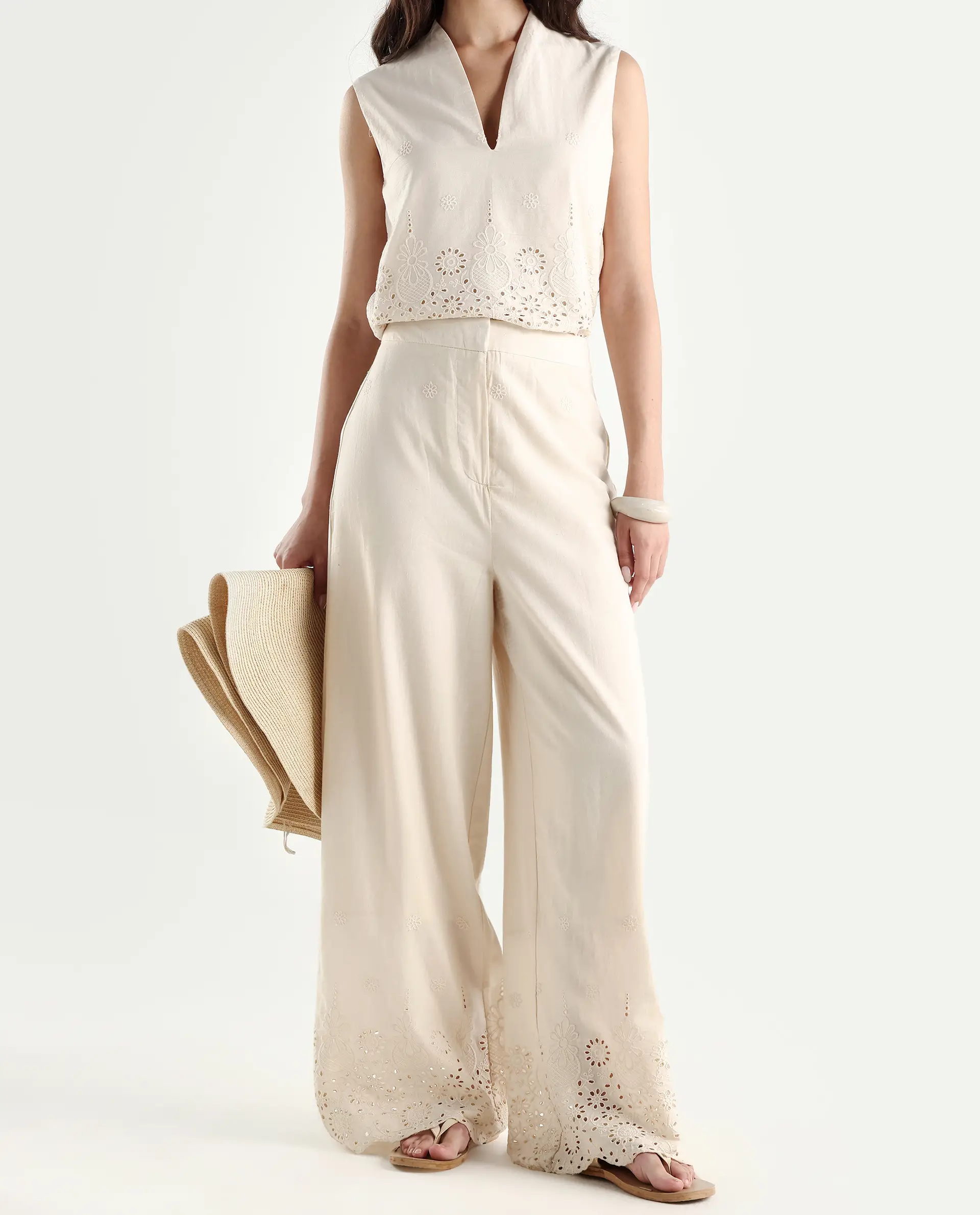 Rareism Women's Somse B Beige Cotton Plain Ankle Length Straight Fit Trouser - Image 3