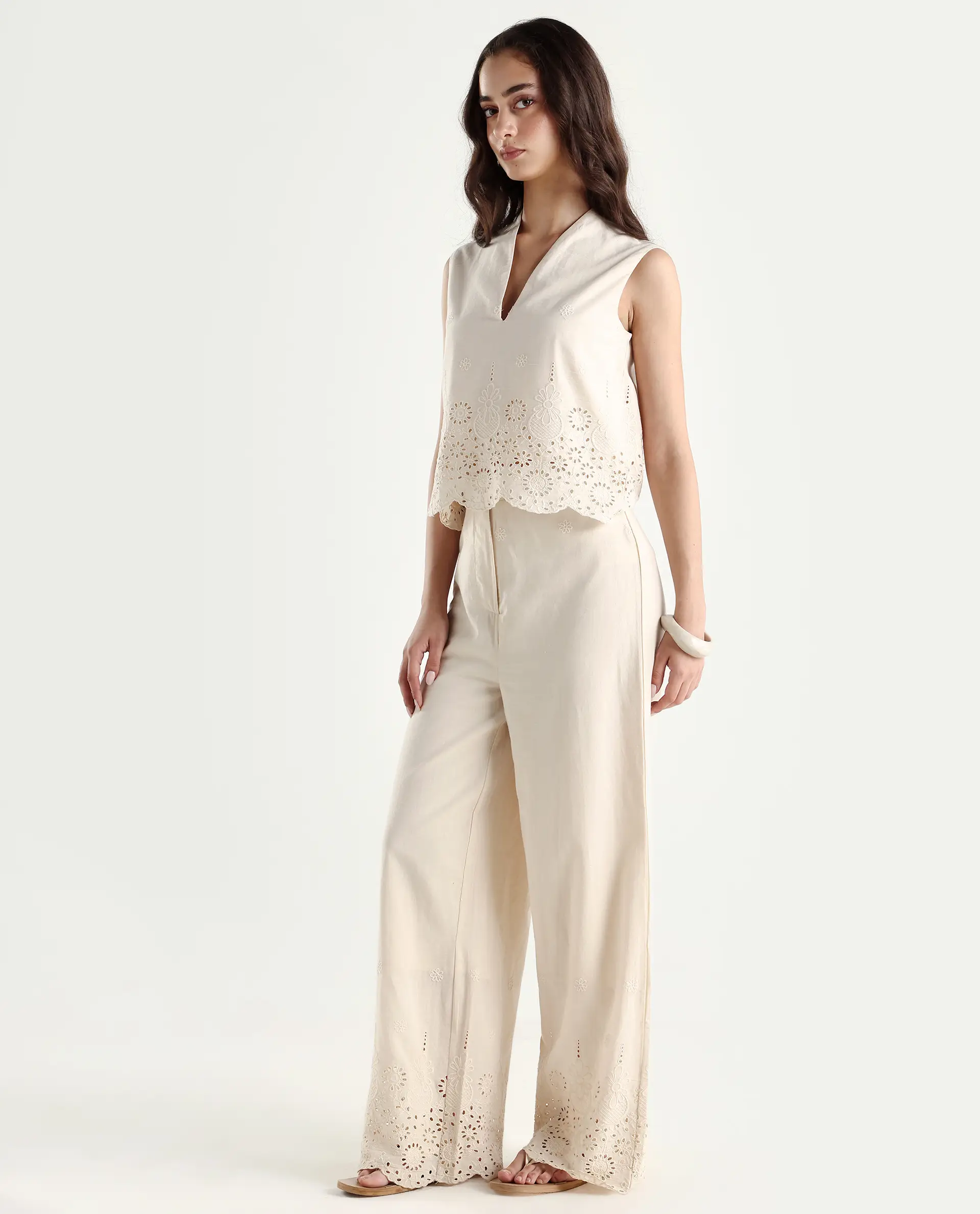 Rareism Women's Somse B Beige Cotton Plain Ankle Length Straight Fit Trouser - Image 6