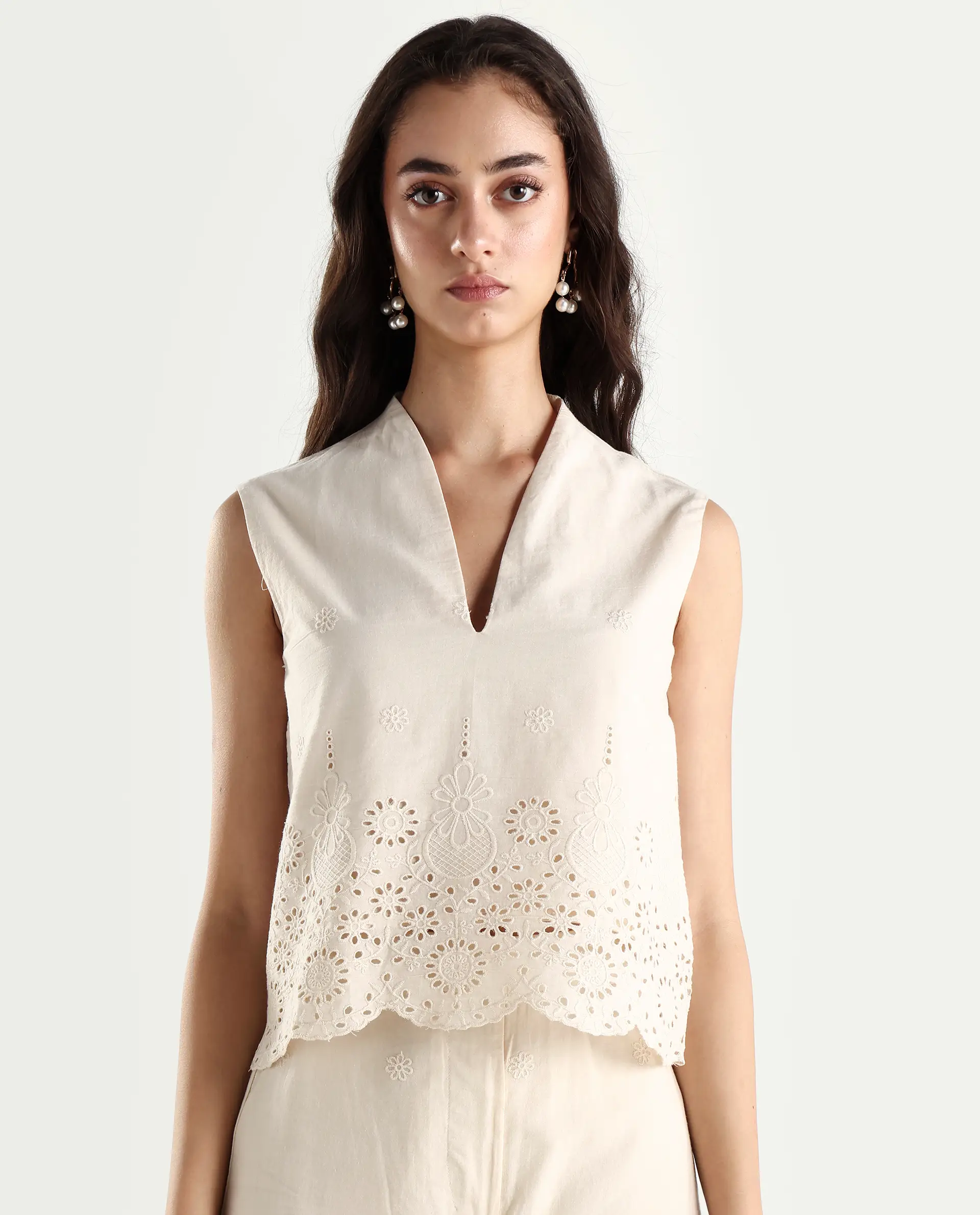 Rareism Women's Somse T Beige Cotton V-Neck Plain Sleeveless Regular Fit Top - Image 3