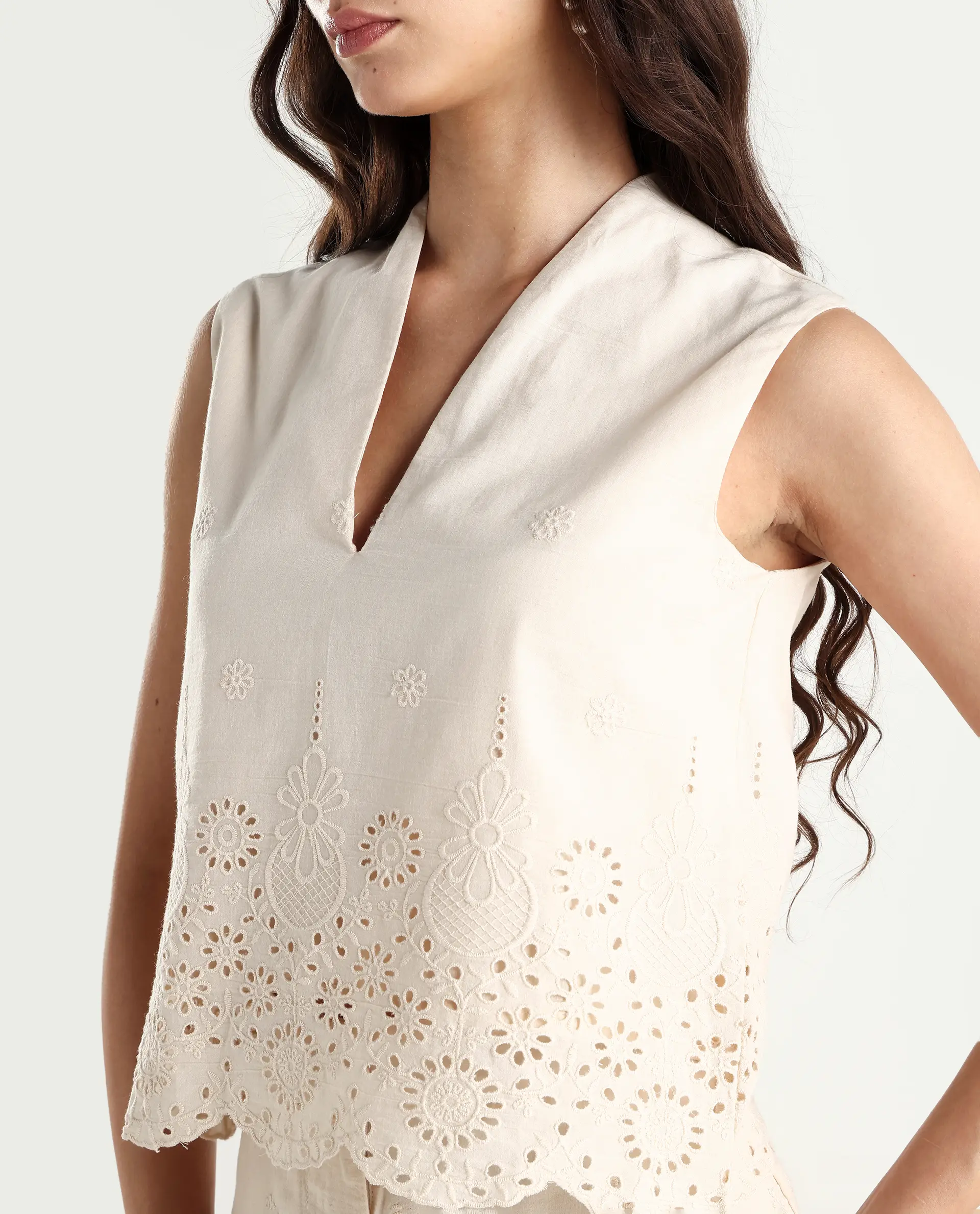 Rareism Women's Somse T Beige Cotton V-Neck Plain Sleeveless Regular Fit Top - Image 4