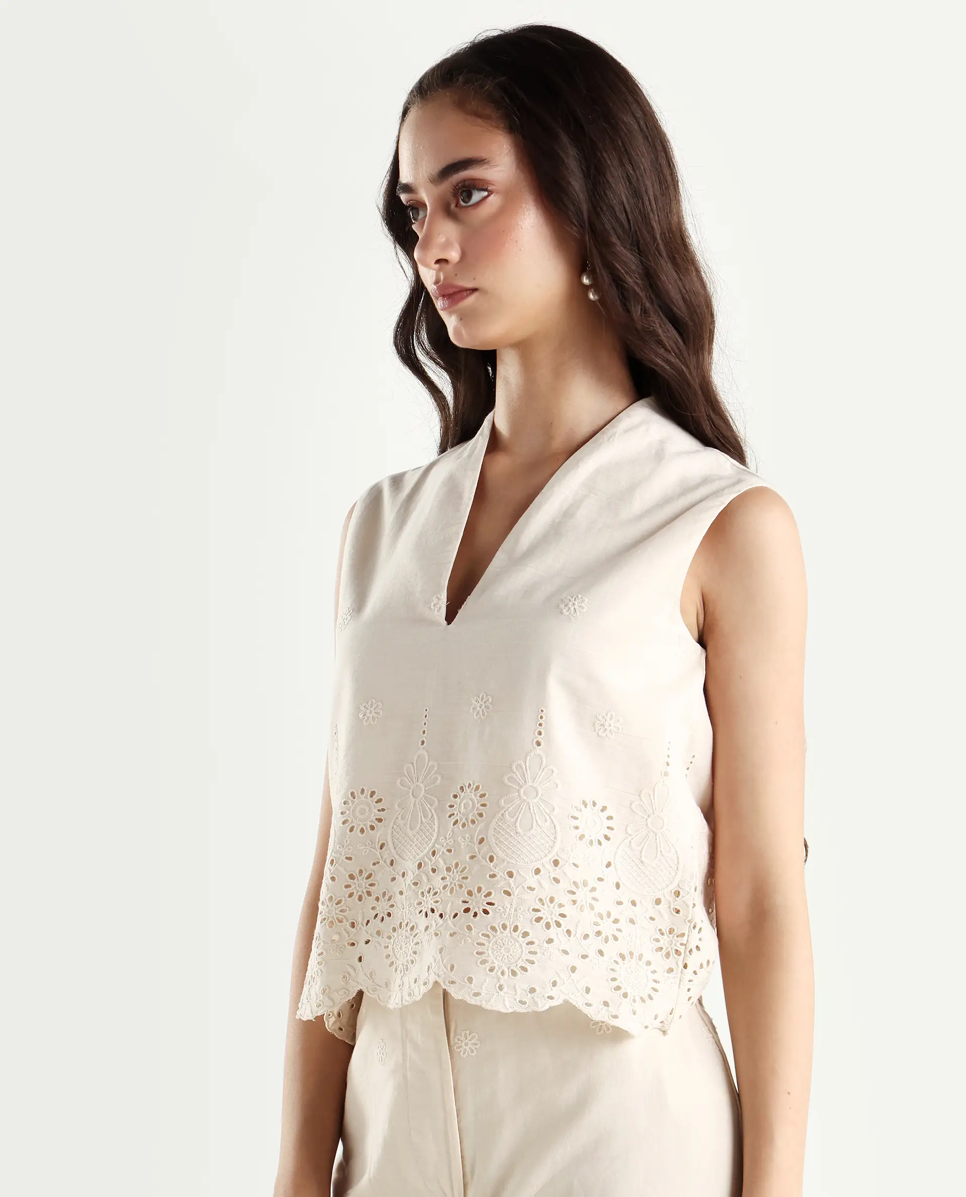 Rareism Women's Somse T Beige Cotton V-Neck Plain Sleeveless Regular Fit Top - Image 5
