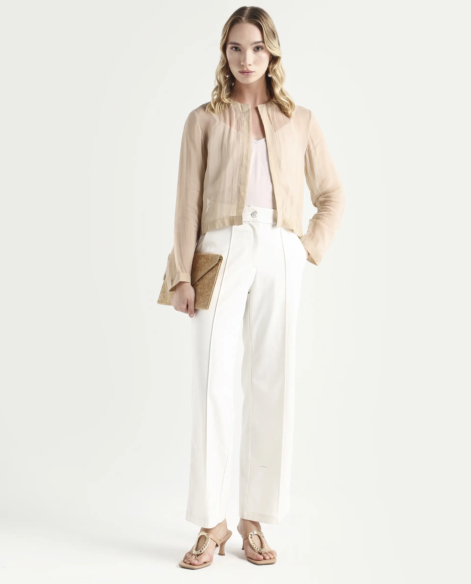 Rareism Women's Somshre Beige Viscose Collarless Plain Crop Regular Fit Jacket - Image 2