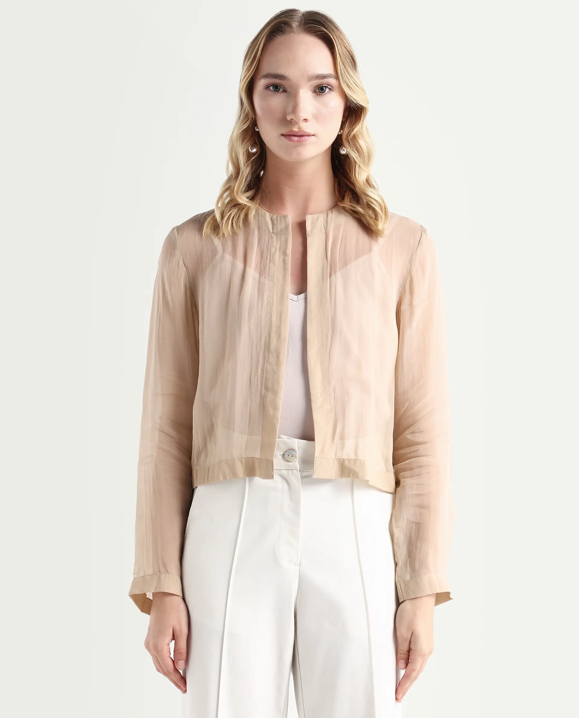 Rareism Women's Somshre Beige Viscose Collarless Plain Crop Regular Fit Jacket - Image 3