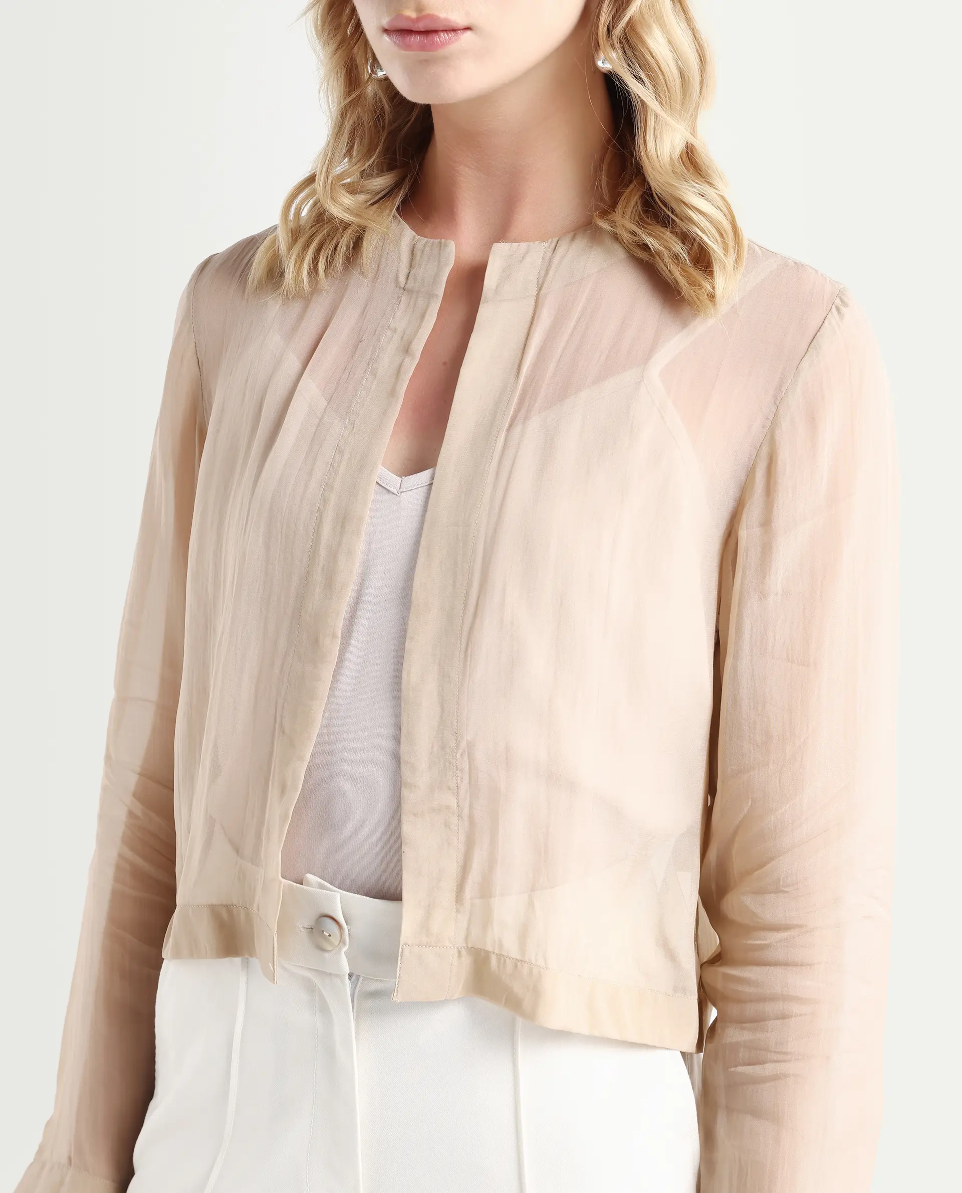 Rareism Women's Somshre Beige Viscose Collarless Plain Crop Regular Fit Jacket - Image 4