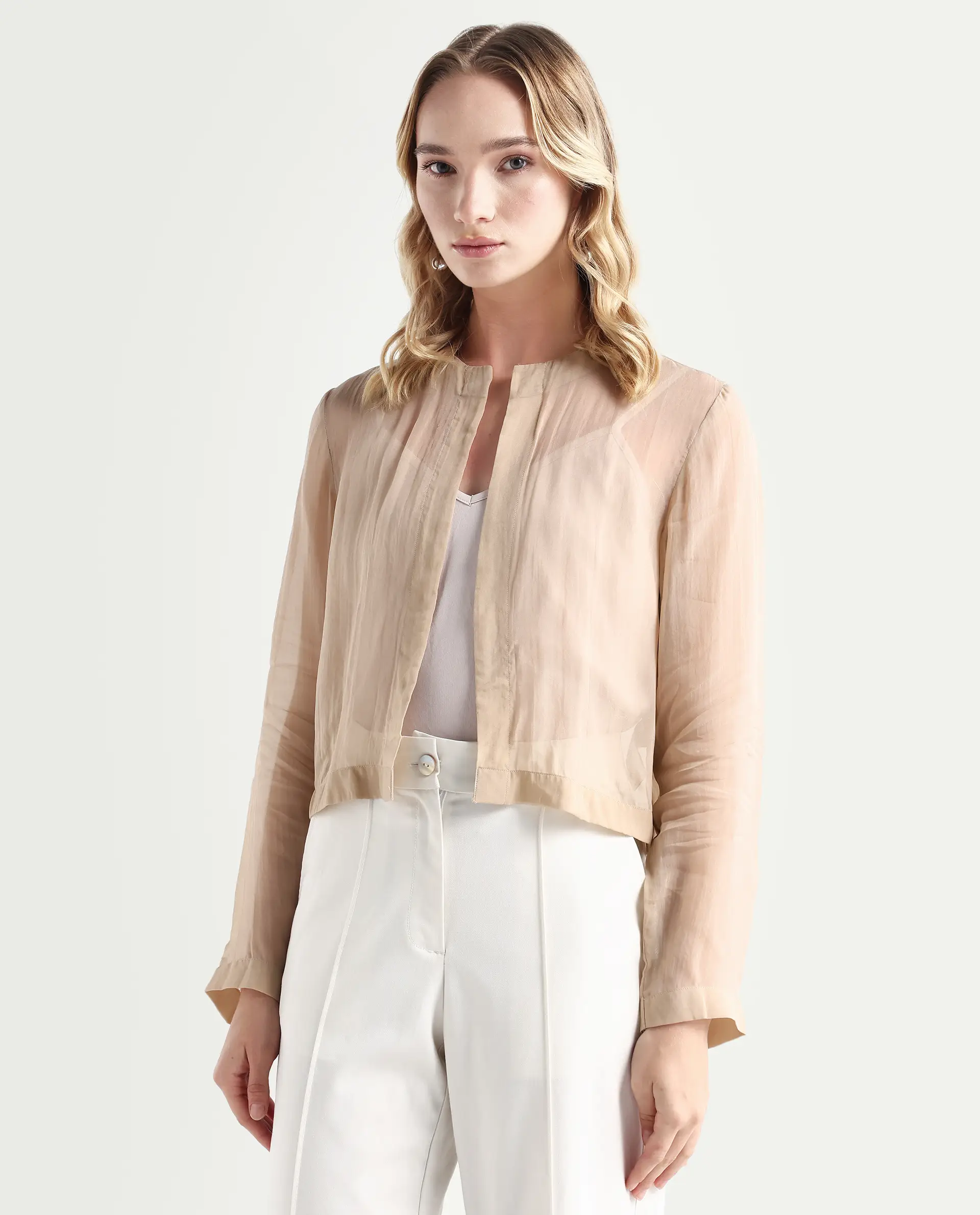 Rareism Women's Somshre Beige Viscose Collarless Plain Crop Regular Fit Jacket - Image 5