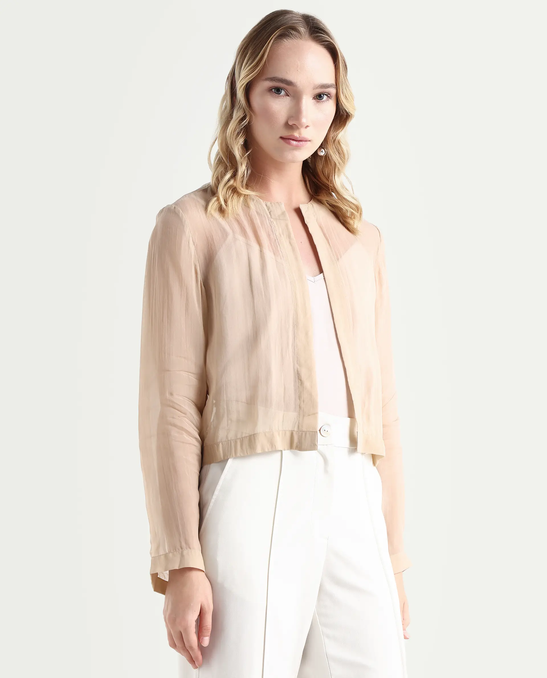 Rareism Women's Somshre Beige Viscose Collarless Plain Crop Regular Fit Jacket - Image 6