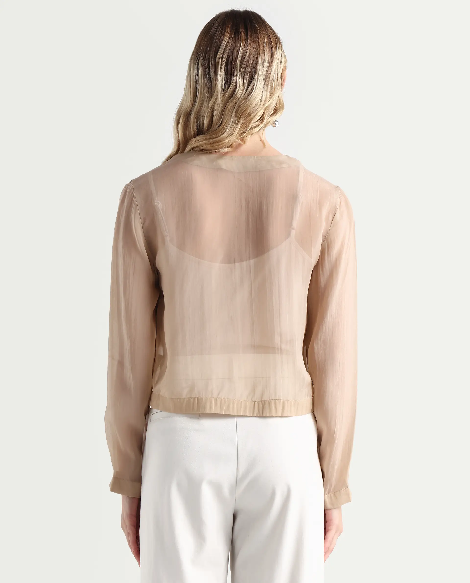 Rareism Women's Somshre Beige Viscose Collarless Plain Crop Regular Fit Jacket - Image 7