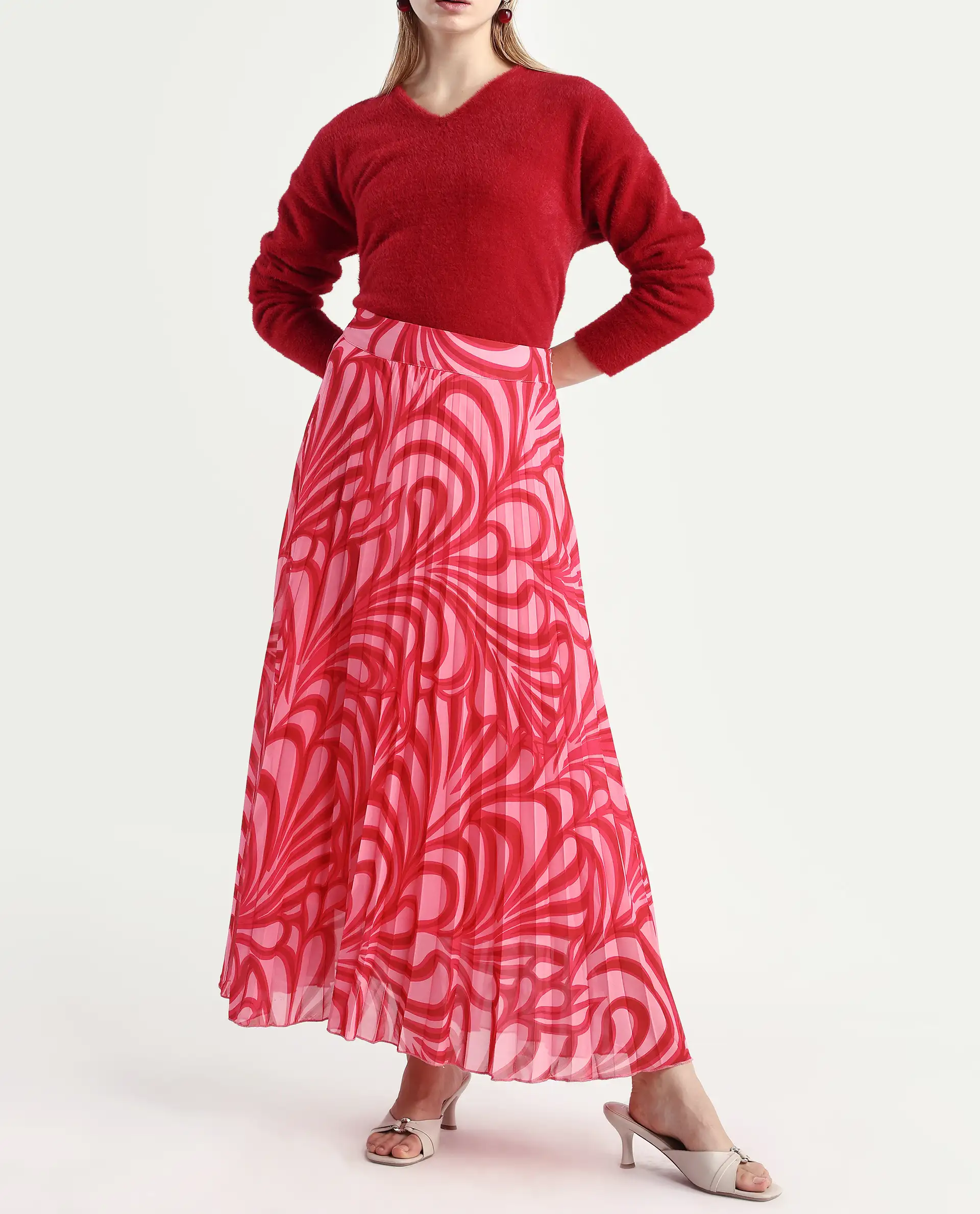 Rareism Women's Somsiri Pink Polyester Abstract Print Maxi Flared Skirt - Image 2