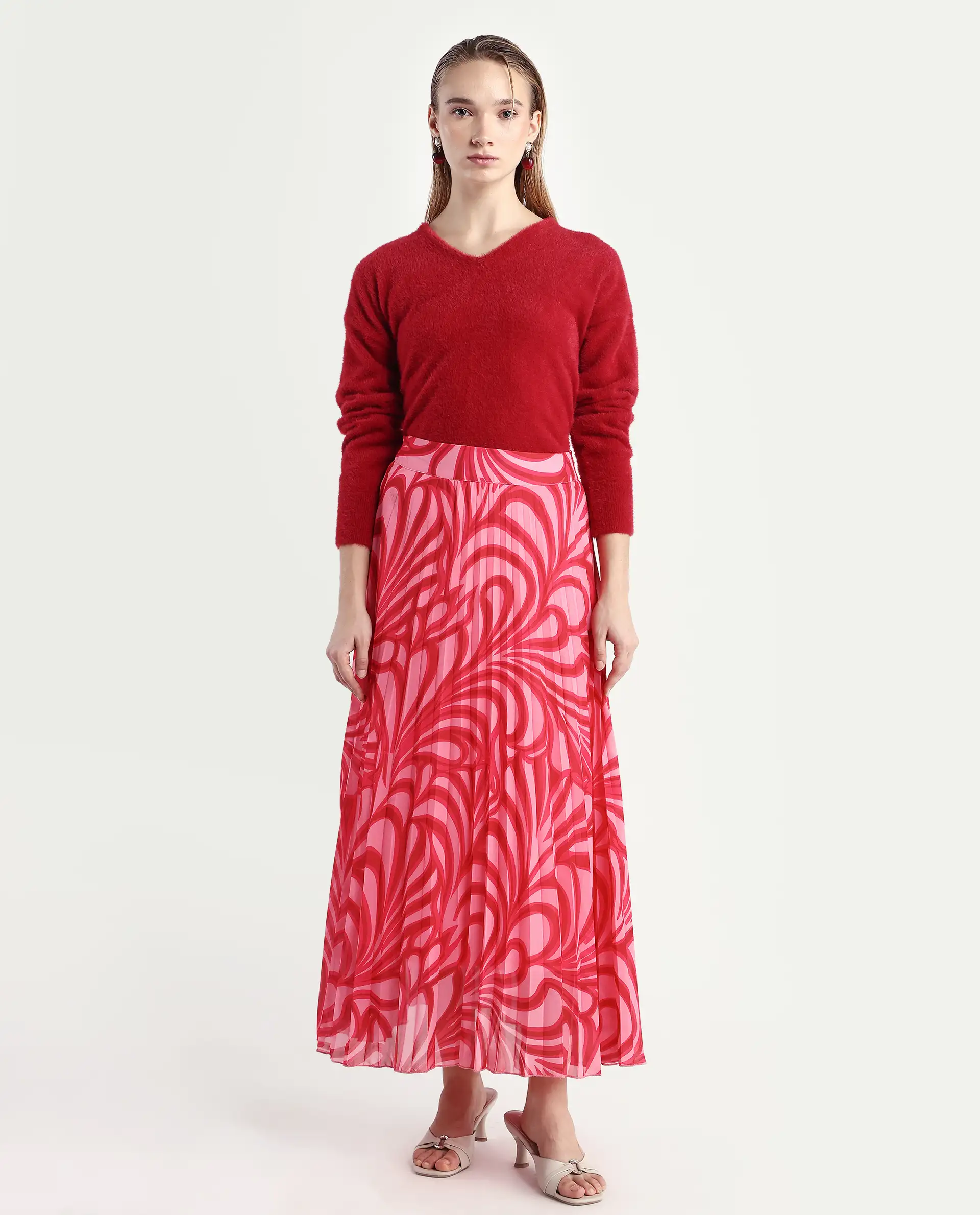 Rareism Women's Somsiri Pink Polyester Abstract Print Maxi Flared Skirt - Image 3