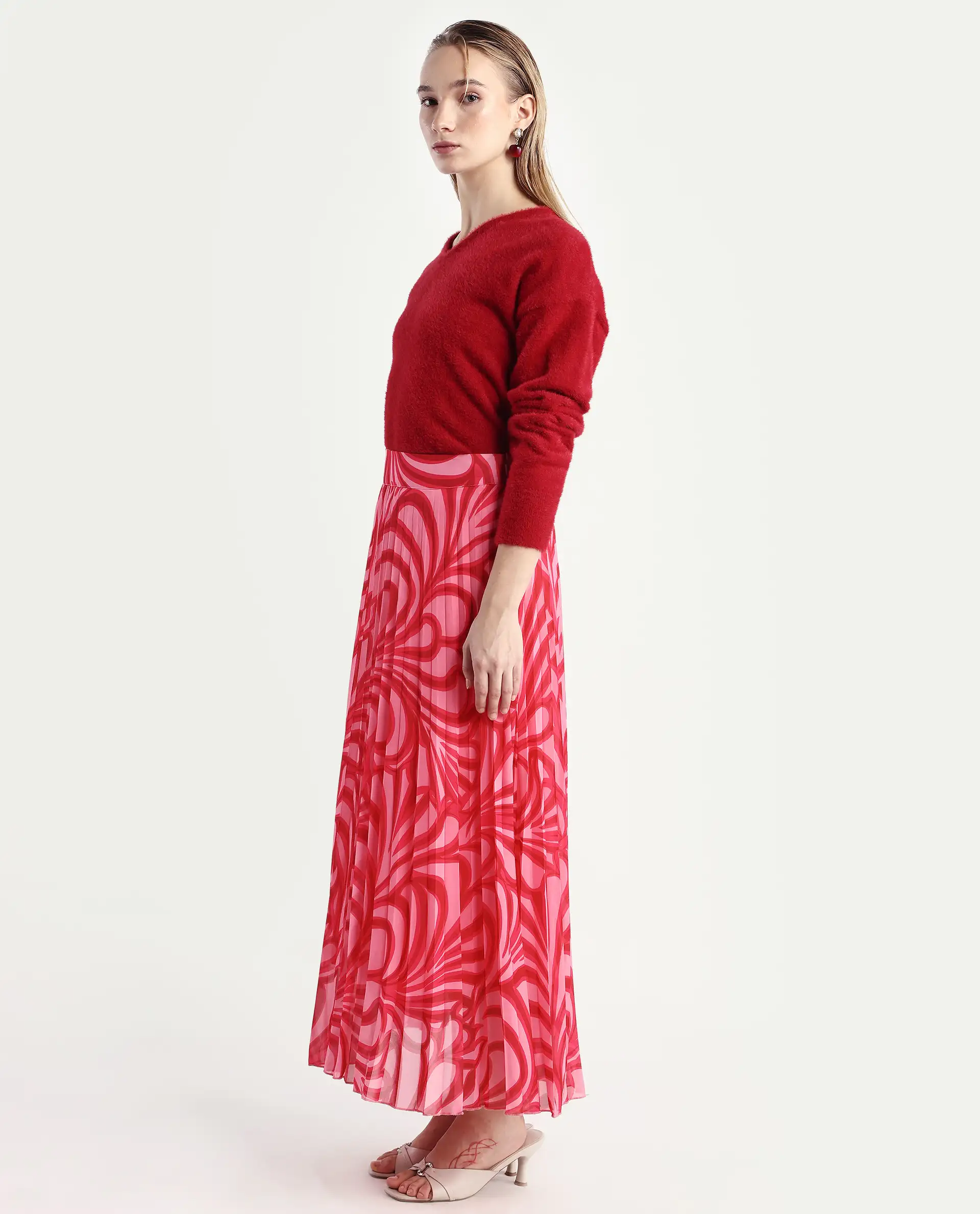 Rareism Women's Somsiri Pink Polyester Abstract Print Maxi Flared Skirt - Image 5