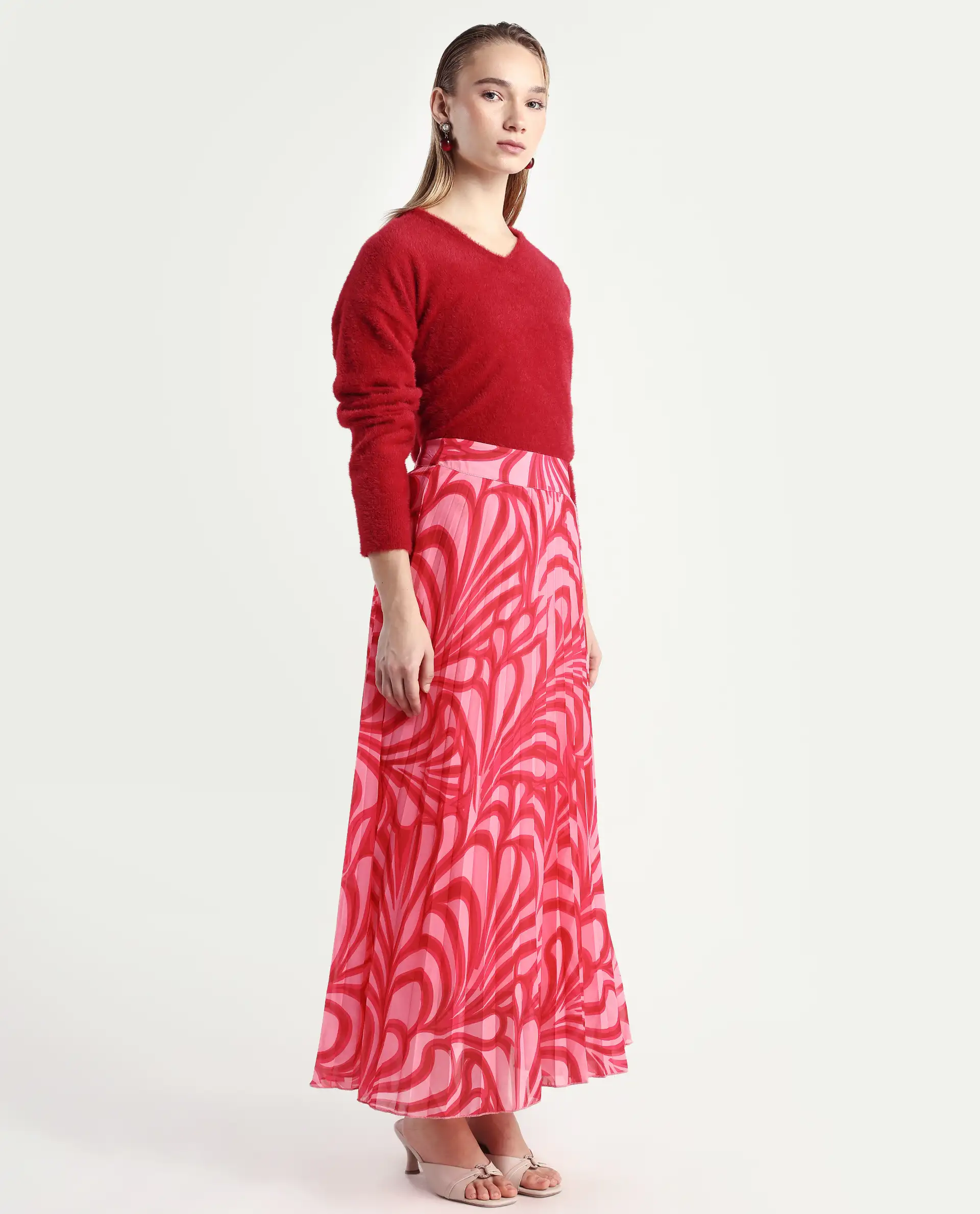 Rareism Women's Somsiri Pink Polyester Abstract Print Maxi Flared Skirt - Image 6