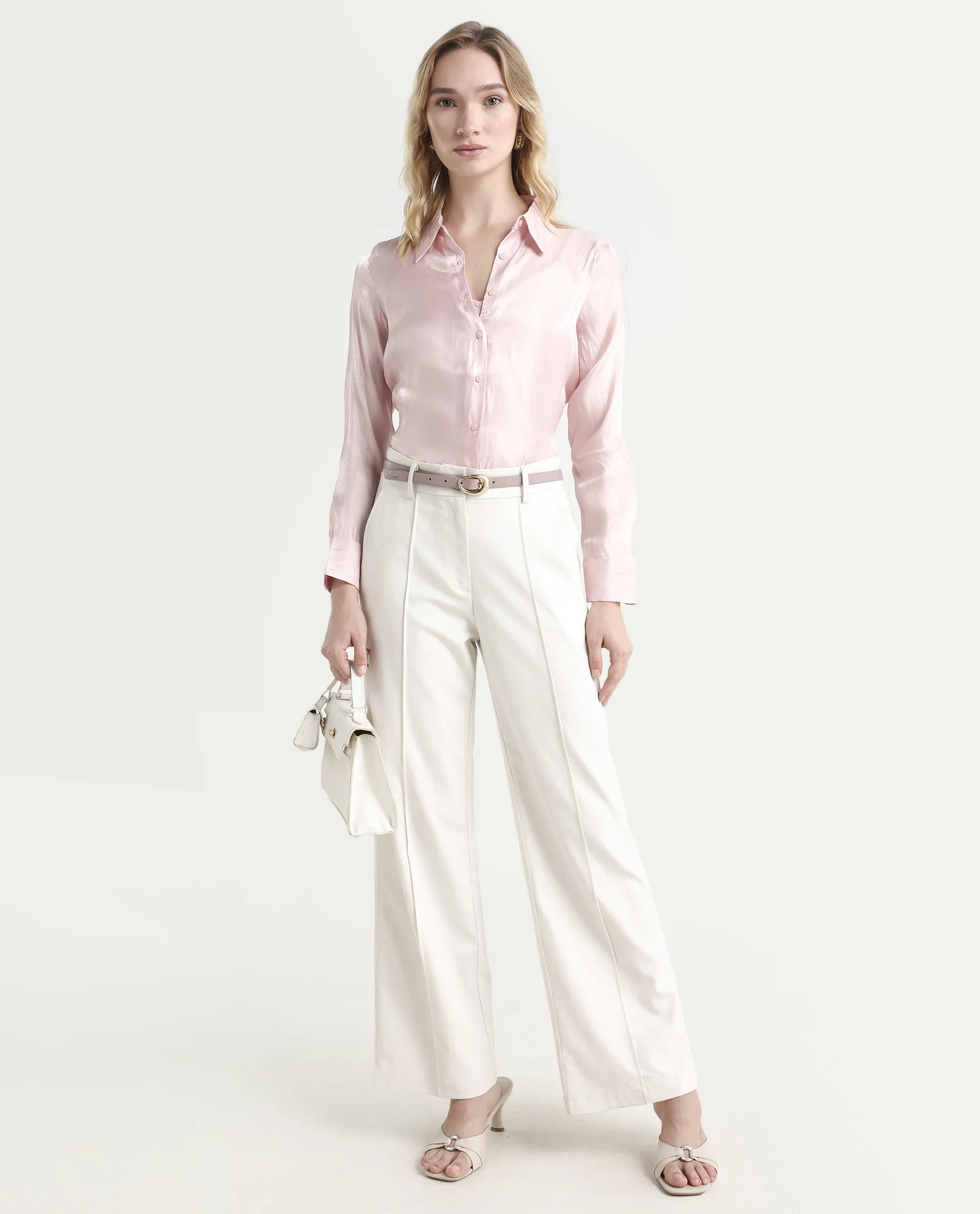 Rareism Women's Somsuj Light Pink Polyester Spread Collar Plain Cuffed Sleeve Regular Fit Shirt - Image 2