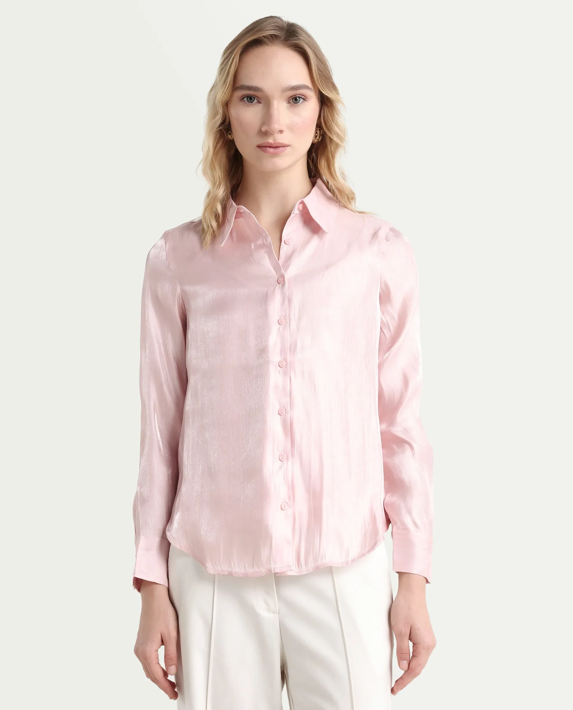 Rareism Women's Somsuj Light Pink Polyester Spread Collar Plain Cuffed Sleeve Regular Fit Shirt - Image 3
