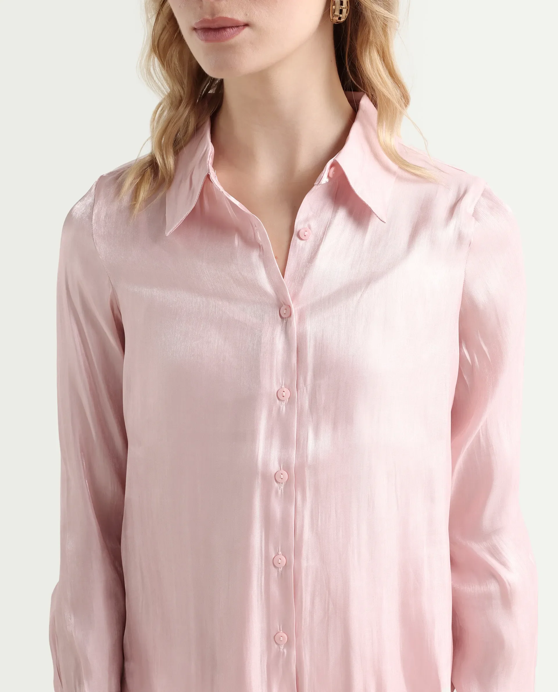 Rareism Women's Somsuj Light Pink Polyester Spread Collar Plain Cuffed Sleeve Regular Fit Shirt - Image 4