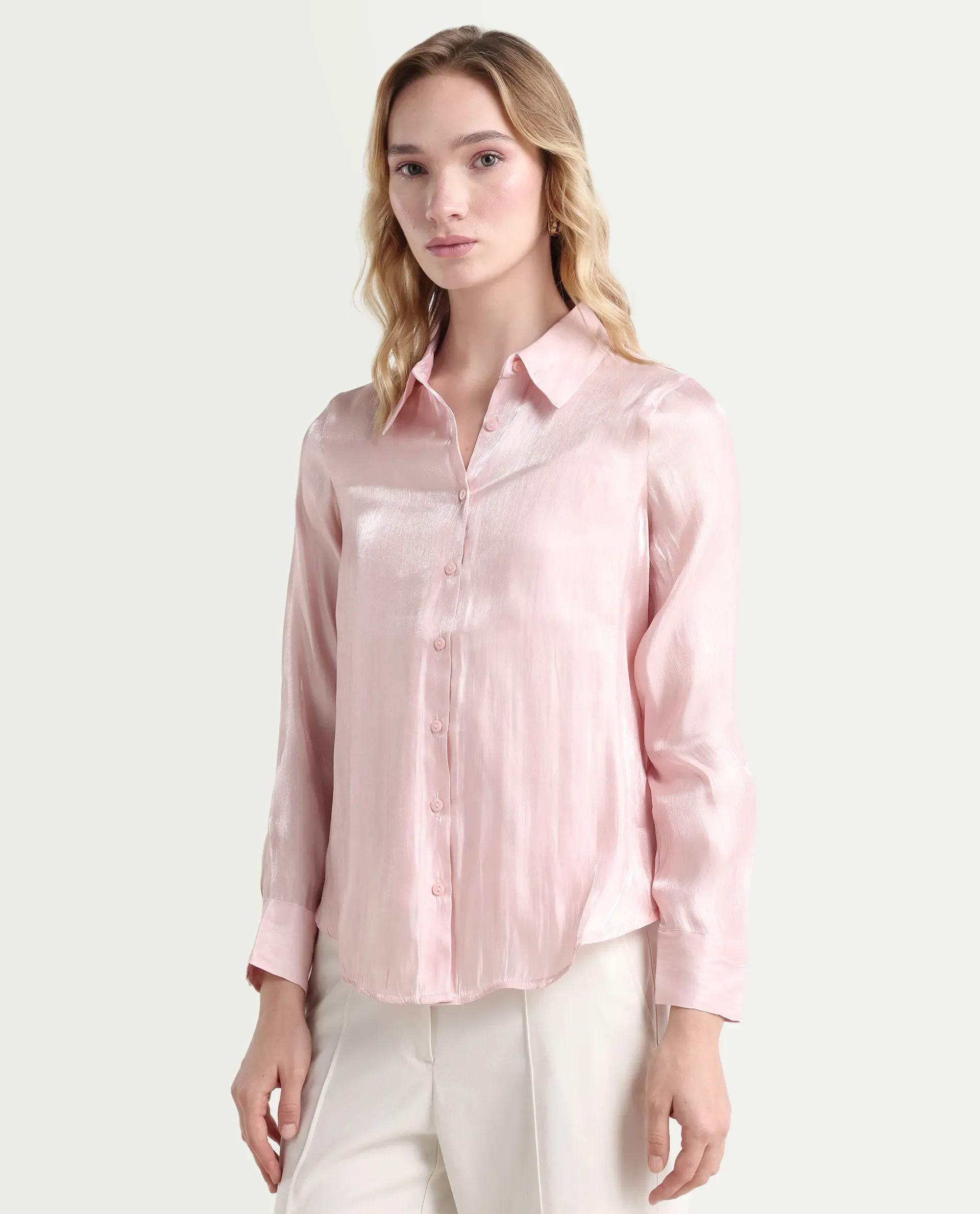Rareism Women's Somsuj Light Pink Polyester Spread Collar Plain Cuffed Sleeve Regular Fit Shirt - Image 5