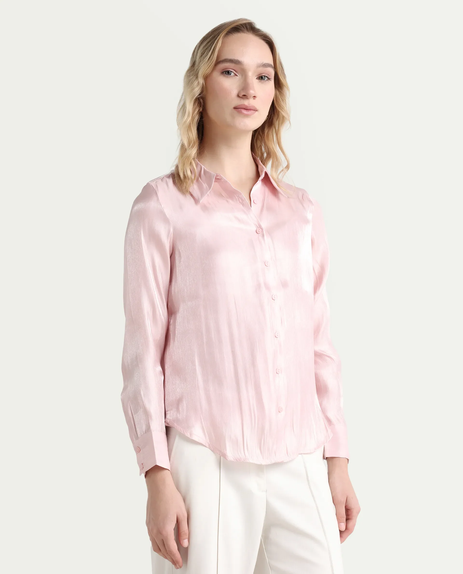 Rareism Women's Somsuj Light Pink Polyester Spread Collar Plain Cuffed Sleeve Regular Fit Shirt - Image 6
