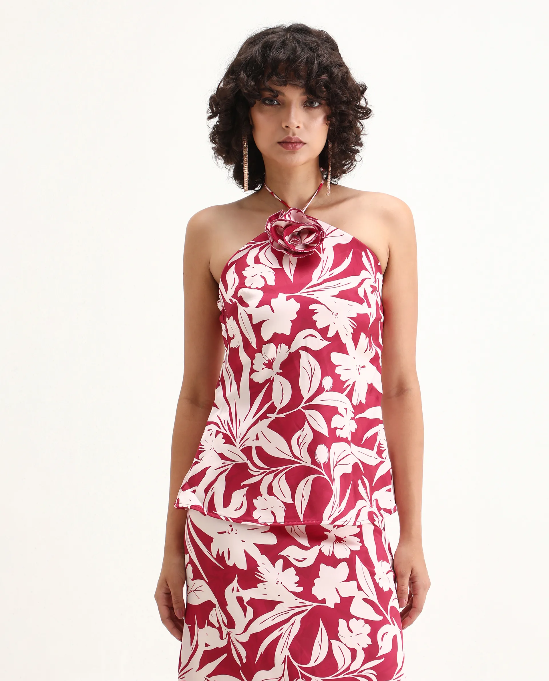 Rareism Women's Somtar T Pink Polyester Halter Neck Floral Print Sleeveless Regular Fit Top - Image 4