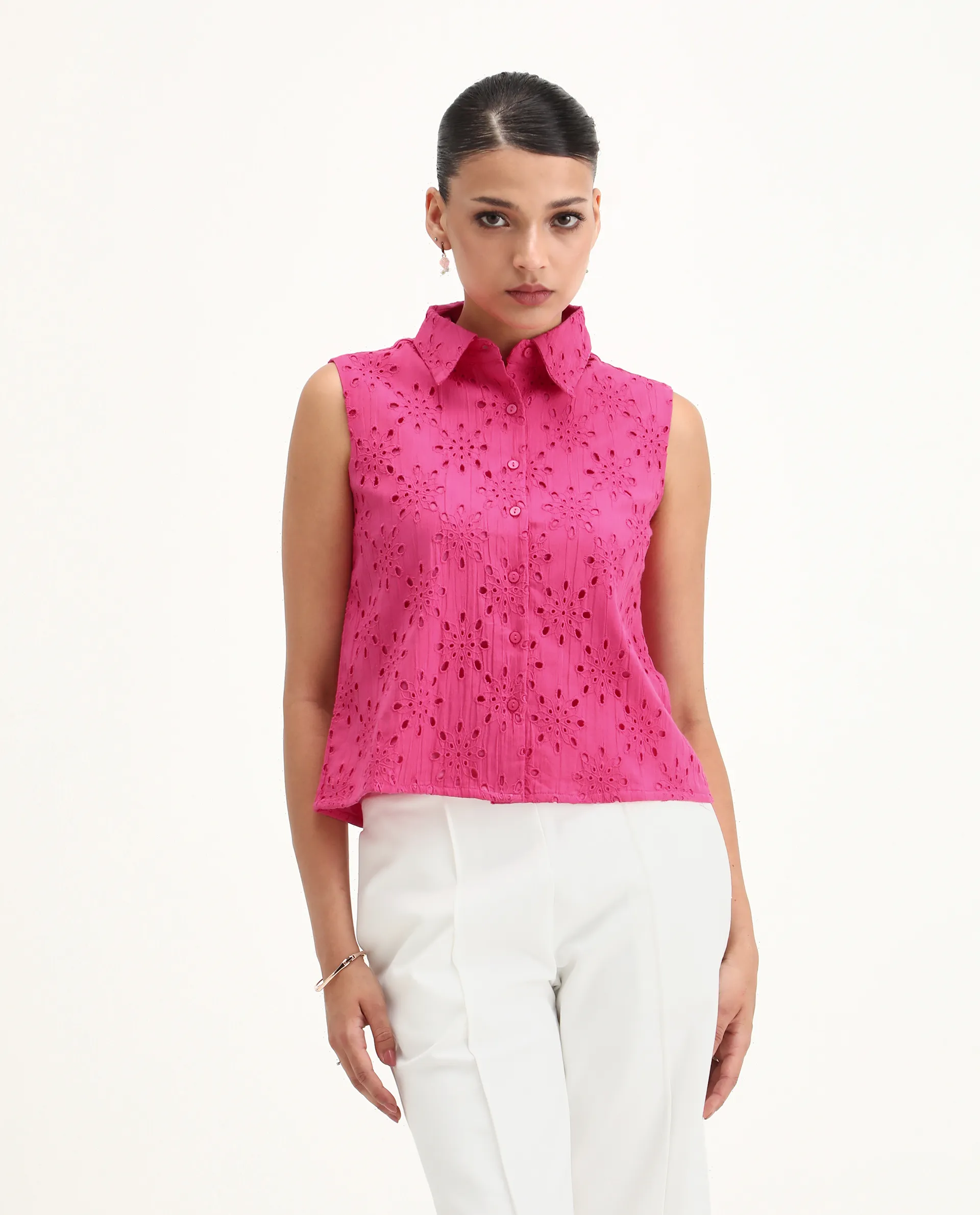 Rareism Women's Somtel Pink Cotton Spread Collar Schiffli Sleeveless Crop Regular Fit Top - Image 5