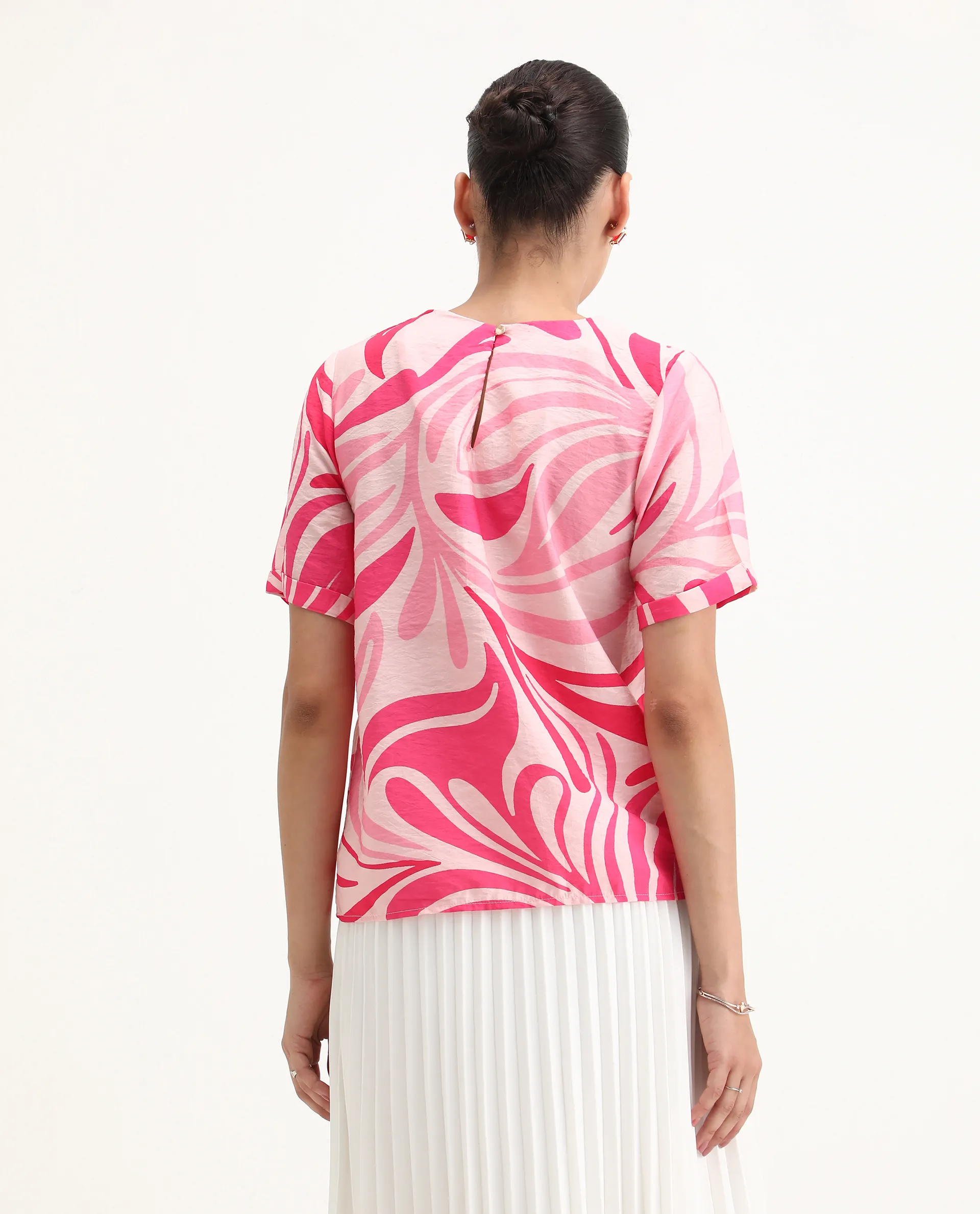Rareism Women's Somtij Pink Viscose Blend Round Neck Abstract Print Regular Fit Top - Image 2