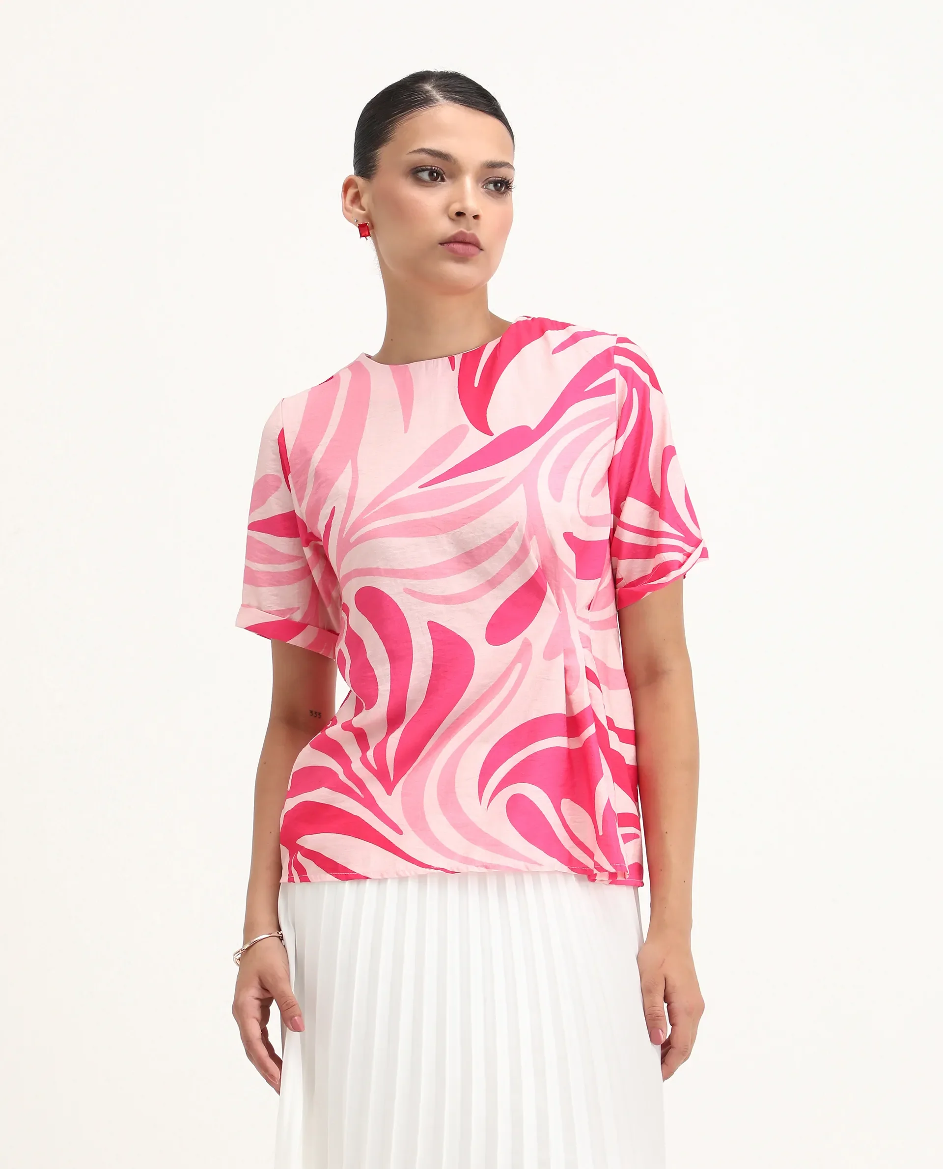 Rareism Women's Somtij Pink Viscose Blend Round Neck Abstract Print Regular Fit Top - Image 3