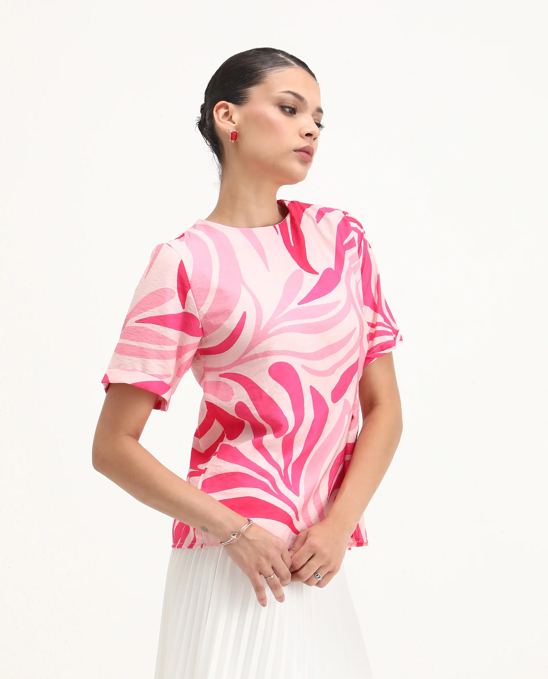 Rareism Women's Somtij Pink Viscose Blend Round Neck Abstract Print Regular Fit Top - Image 4