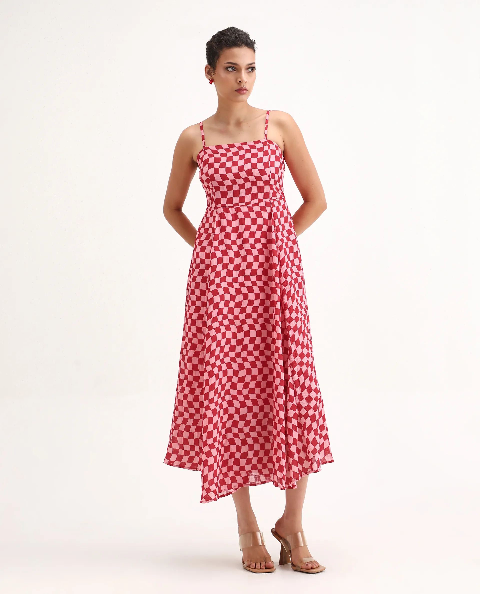 Rareism Women's Somtu Pink Polyester Shoulder Strap Geometric Print Shoulder Strap Midi Fit And Flare Dress - Image 2
