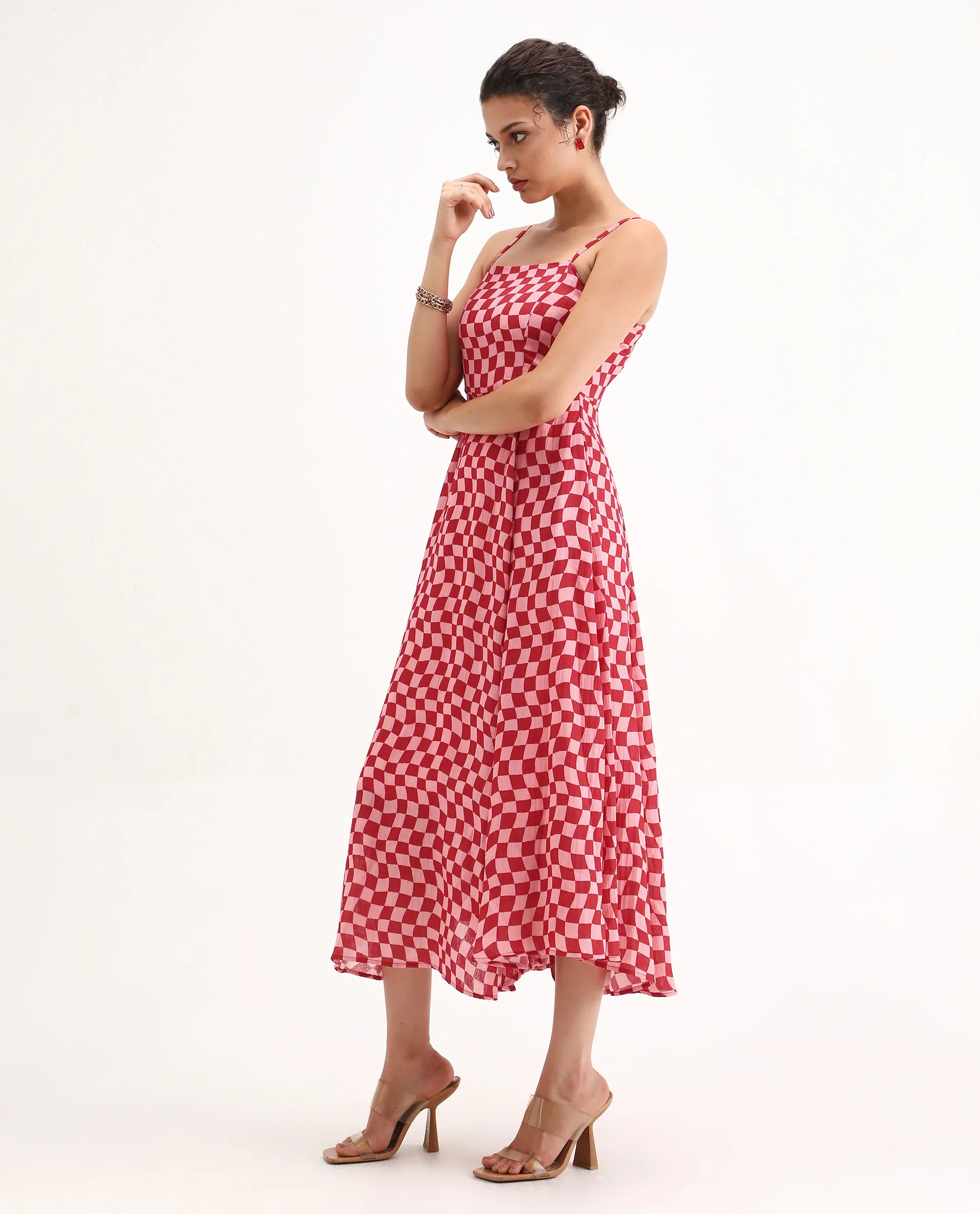 Rareism Women's Somtu Pink Polyester Shoulder Strap Geometric Print Shoulder Strap Midi Fit And Flare Dress - Image 5