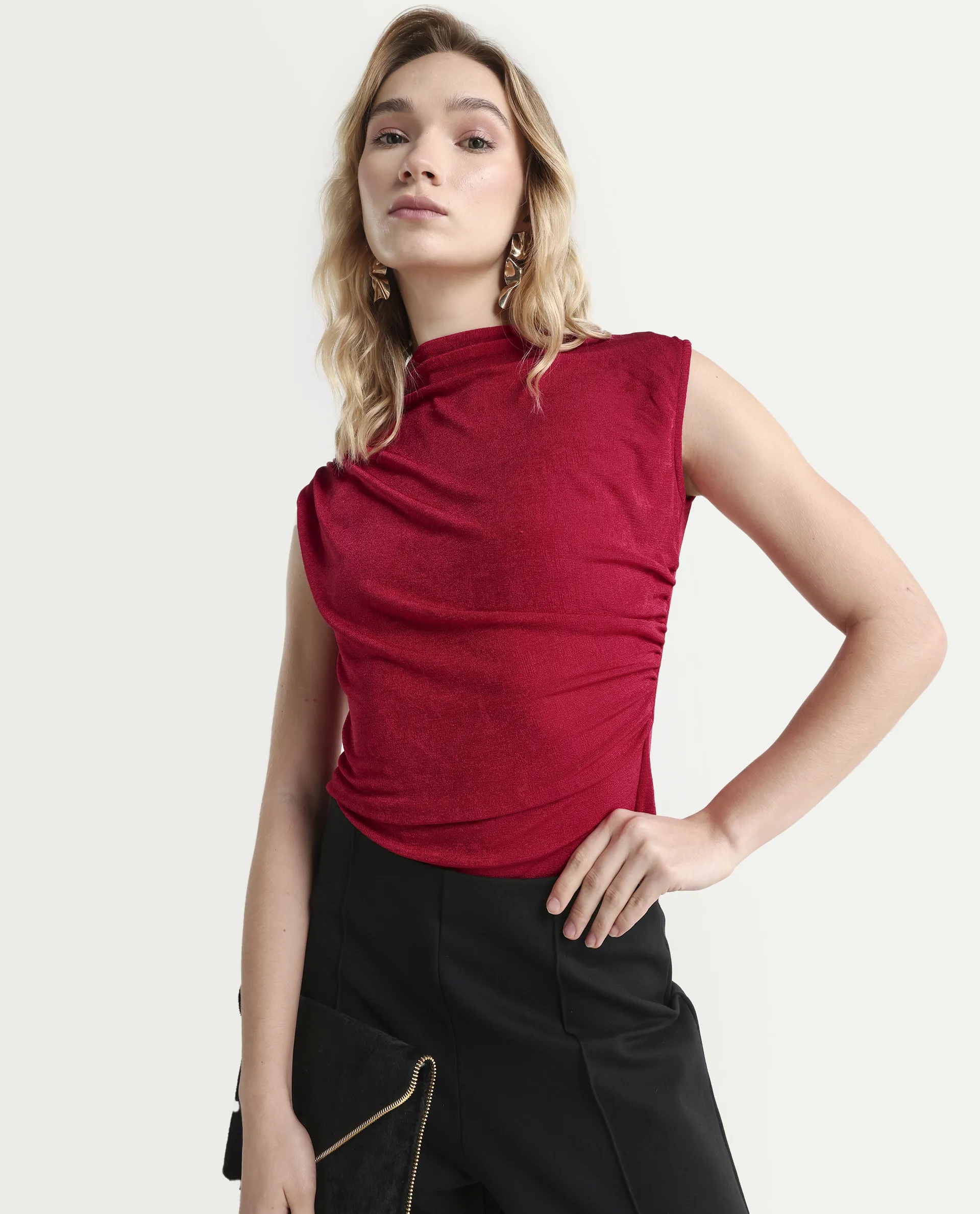 Rareism Women's Somtus Red Polyester Blend Cowl Neck Plain Sleeveless Regular Fit Top