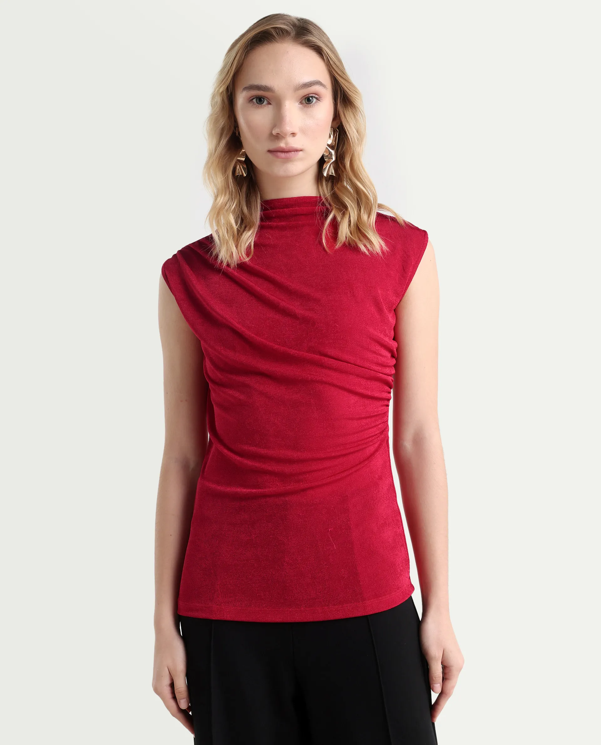 Rareism Women's Somtus Red Polyester Blend Cowl Neck Plain Sleeveless Regular Fit Top - Image 3