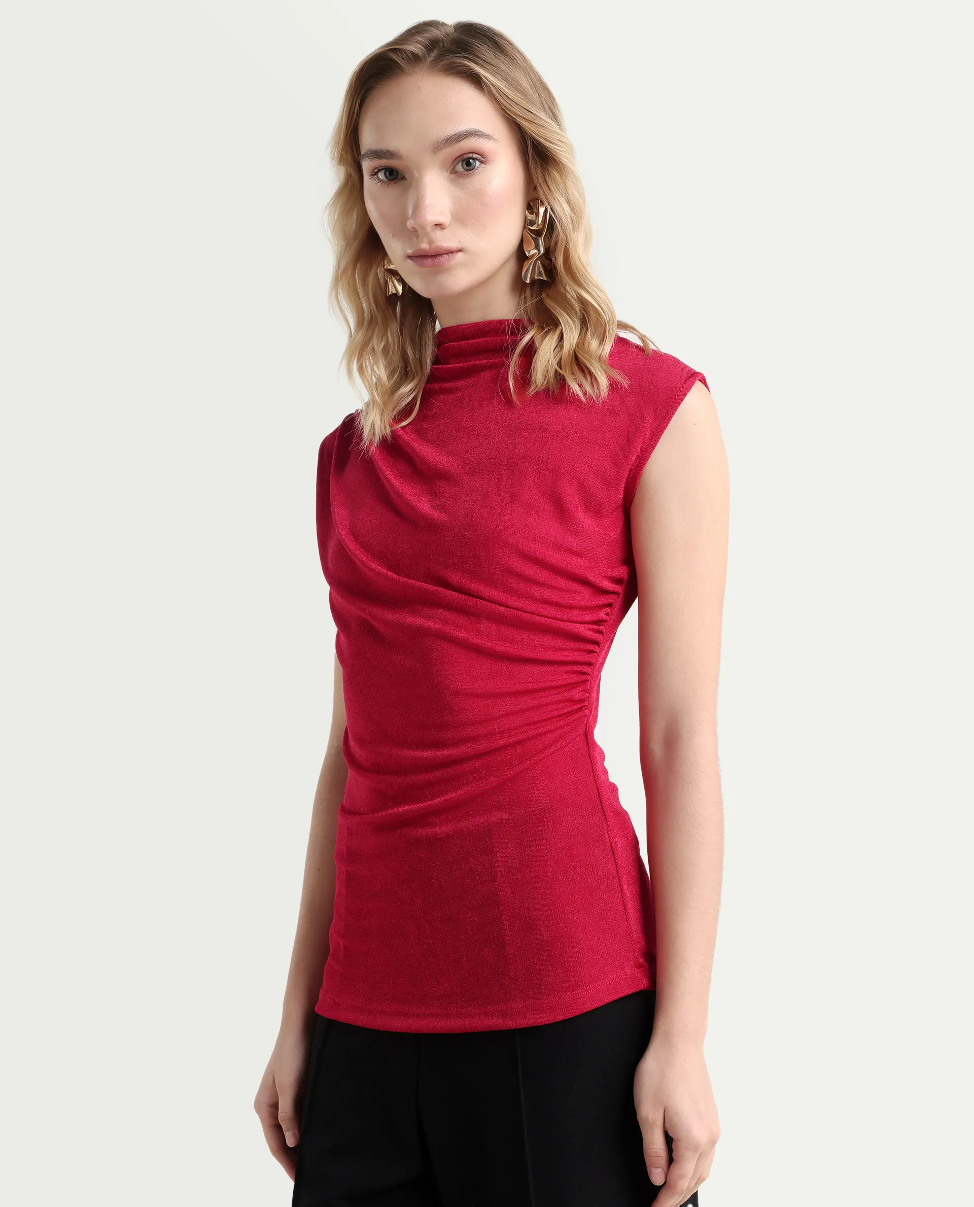 Rareism Women's Somtus Red Polyester Blend Cowl Neck Plain Sleeveless Regular Fit Top - Image 5