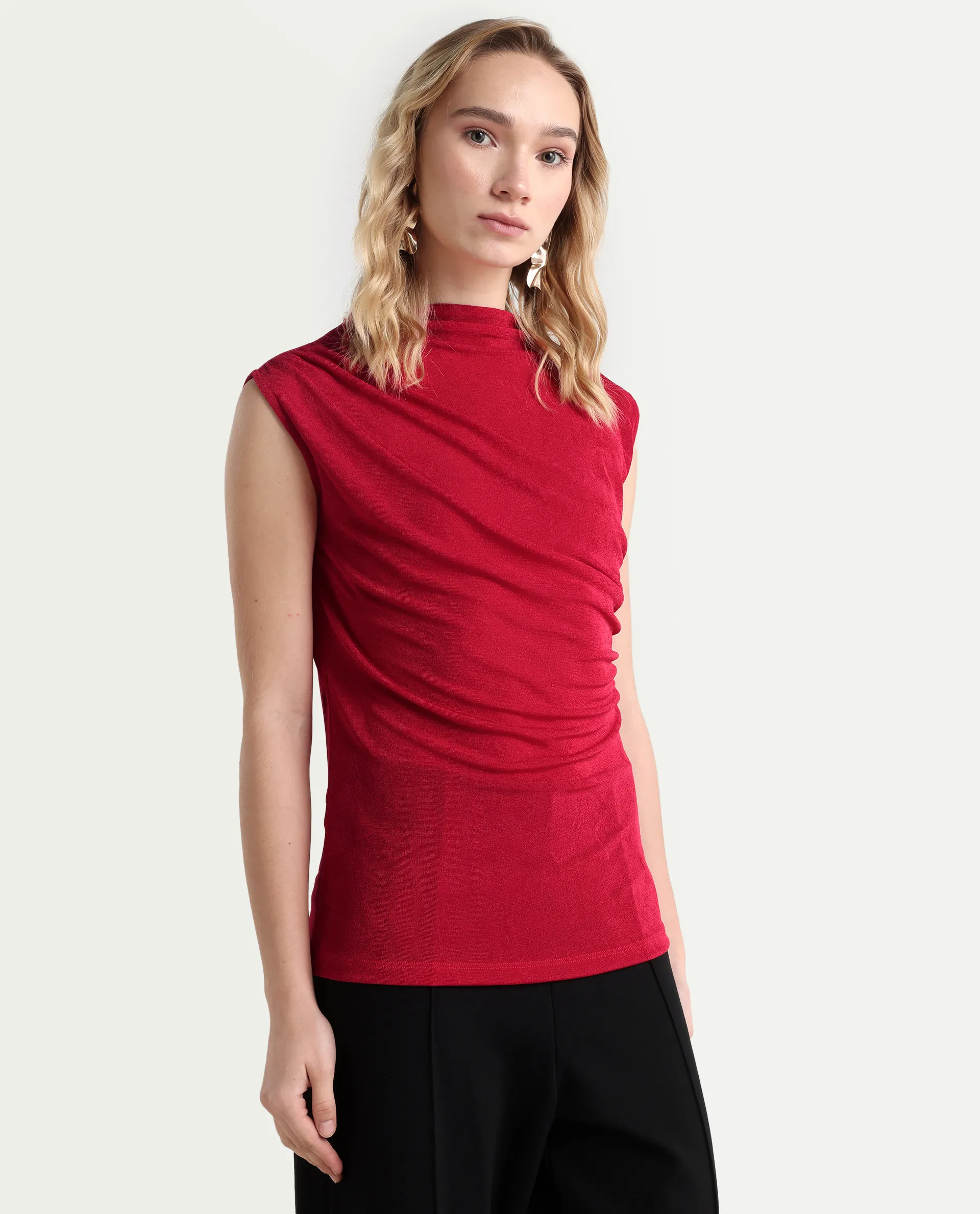 Rareism Women's Somtus Red Polyester Blend Cowl Neck Plain Sleeveless Regular Fit Top - Image 6