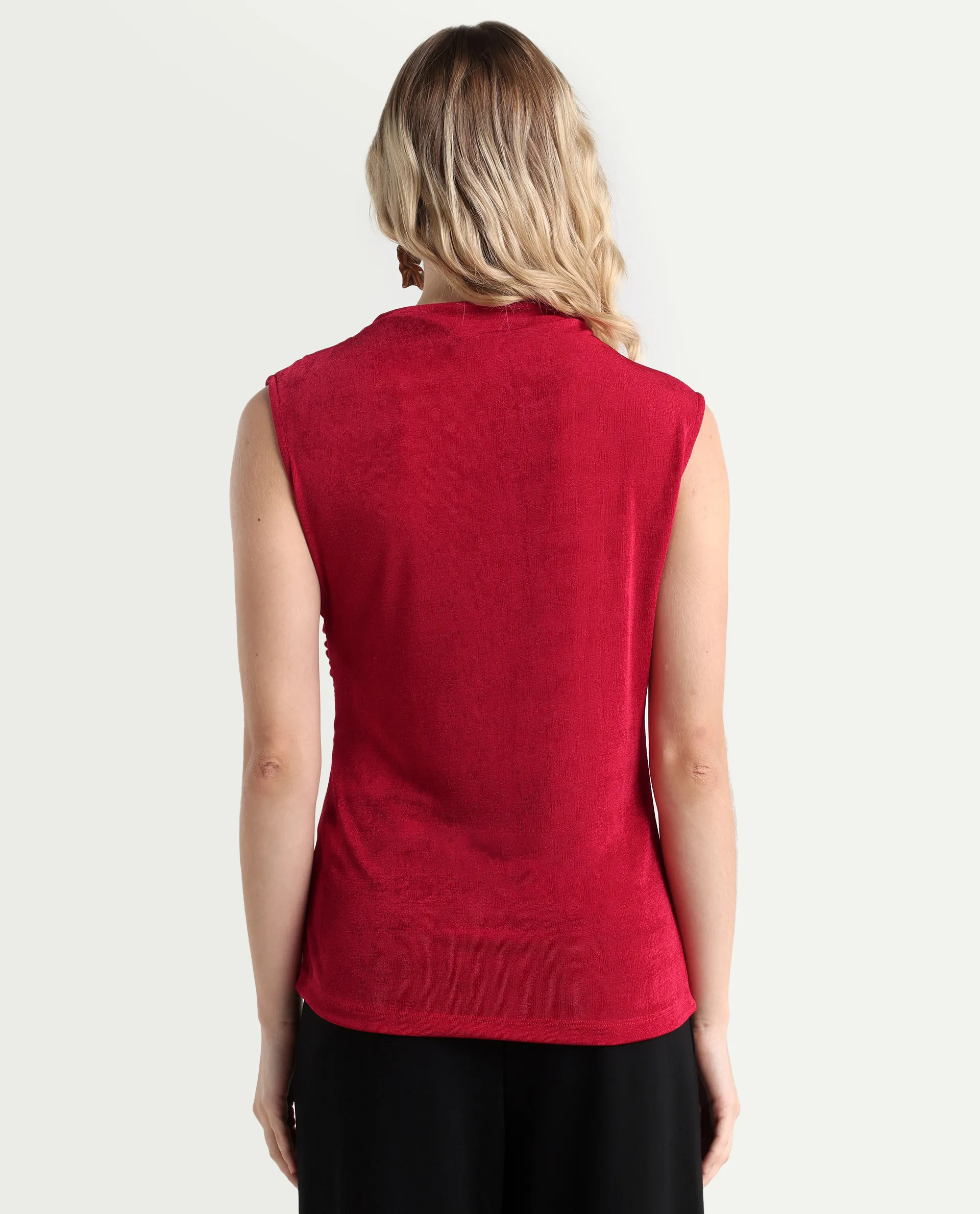 Rareism Women's Somtus Red Polyester Blend Cowl Neck Plain Sleeveless Regular Fit Top - Image 7