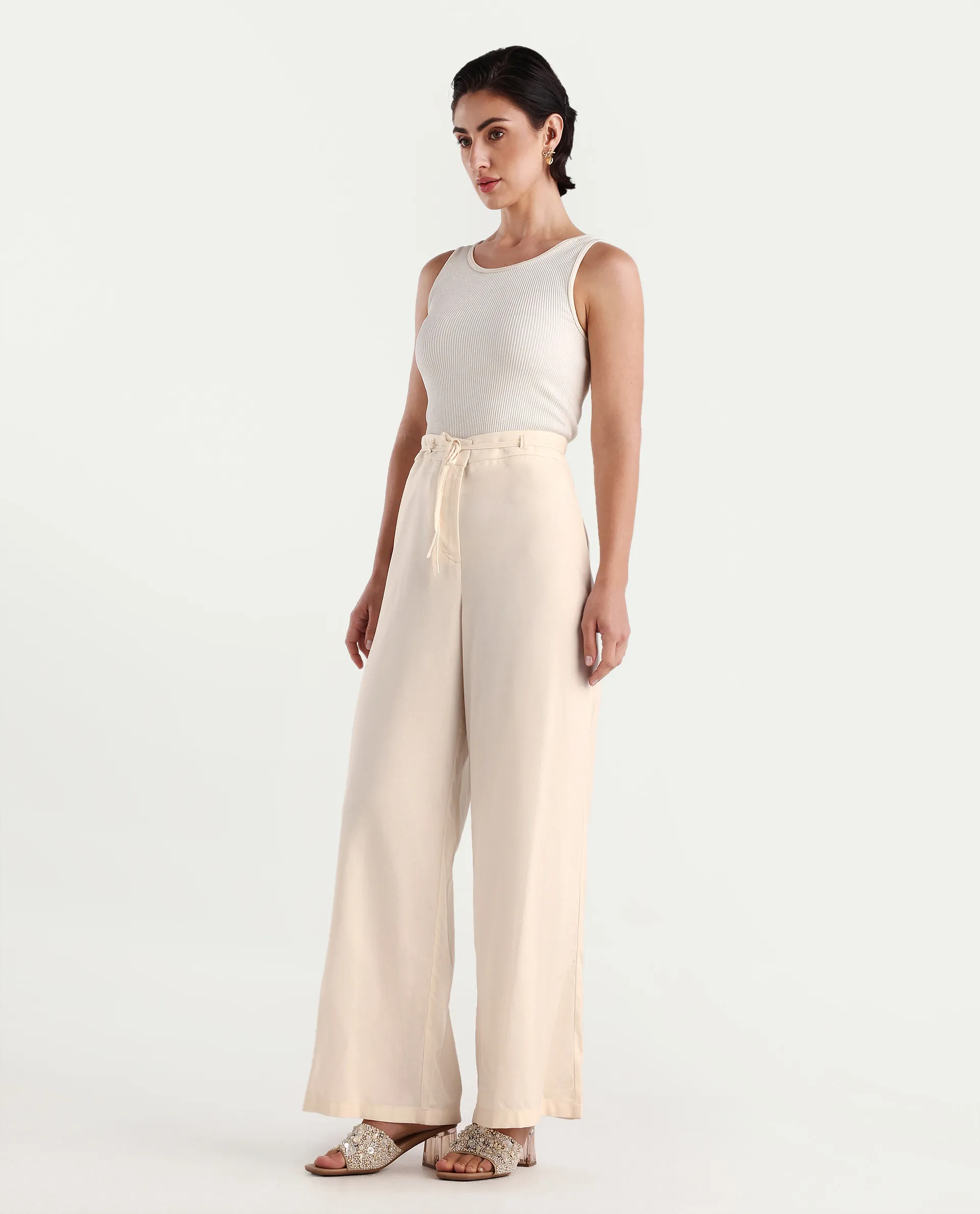 Rareism Women's Somuse Beige Viscose Plain Ankle Length Wide Trouser - Image 4