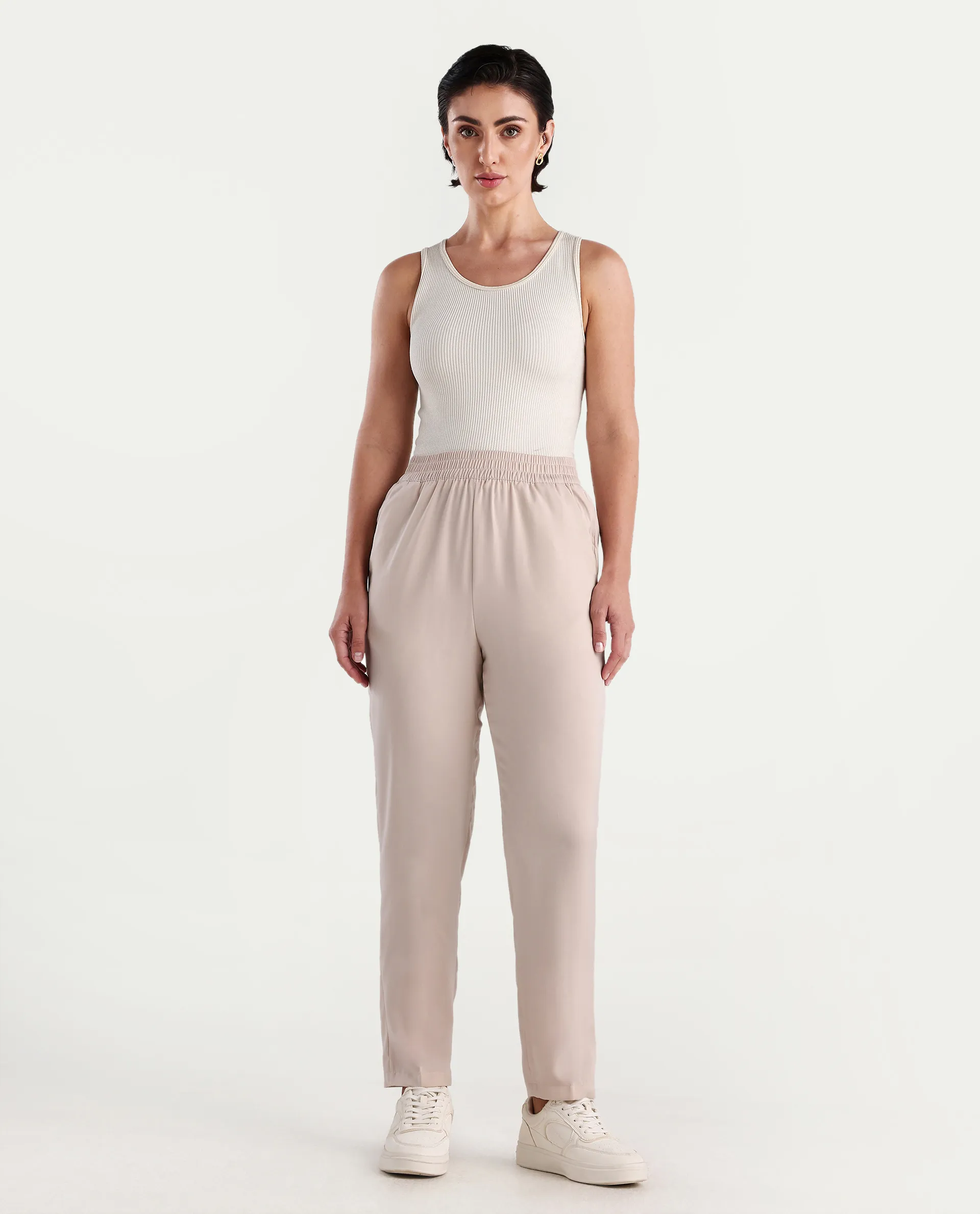 Rareism Women's Somuth Beige Polyester Plain Ankle Length Straight Fit Trouser - Image 3