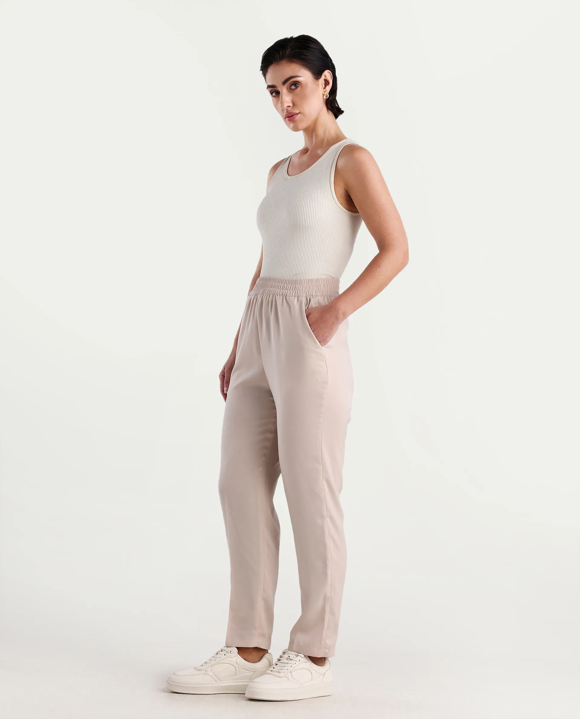 Rareism Women's Somuth Beige Polyester Plain Ankle Length Straight Fit Trouser - Image 5