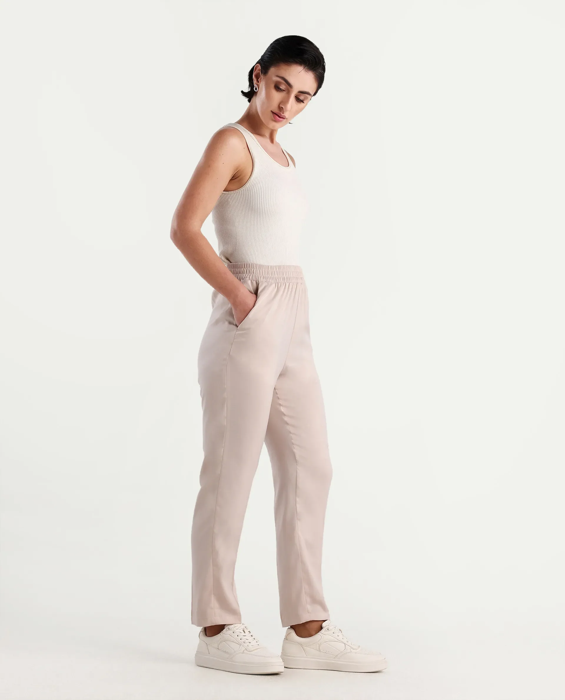 Rareism Women's Somuth Beige Polyester Plain Ankle Length Straight Fit Trouser - Image 6