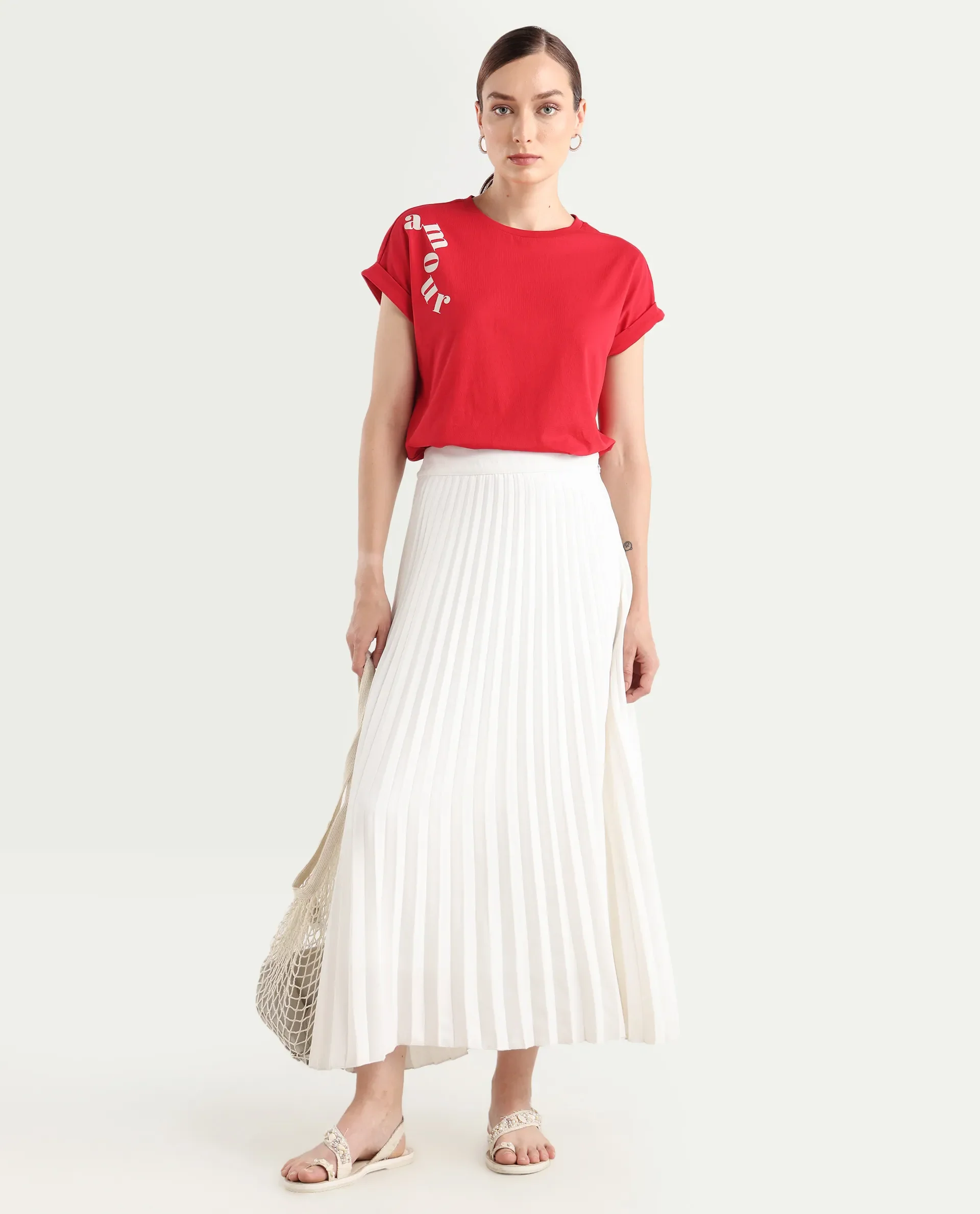 Rareism Women's Somvet-R Red Cotton Regular Graphic Print T-Shirt - Image 2
