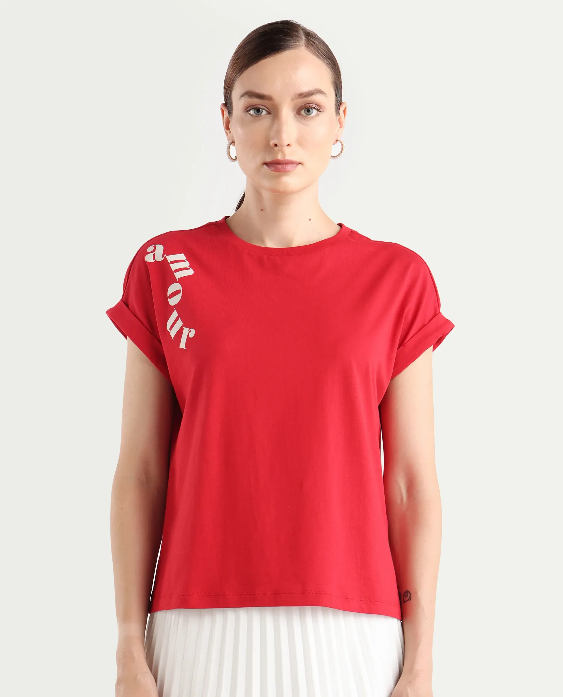 Rareism Women's Somvet-R Red Cotton Regular Graphic Print T-Shirt - Image 3
