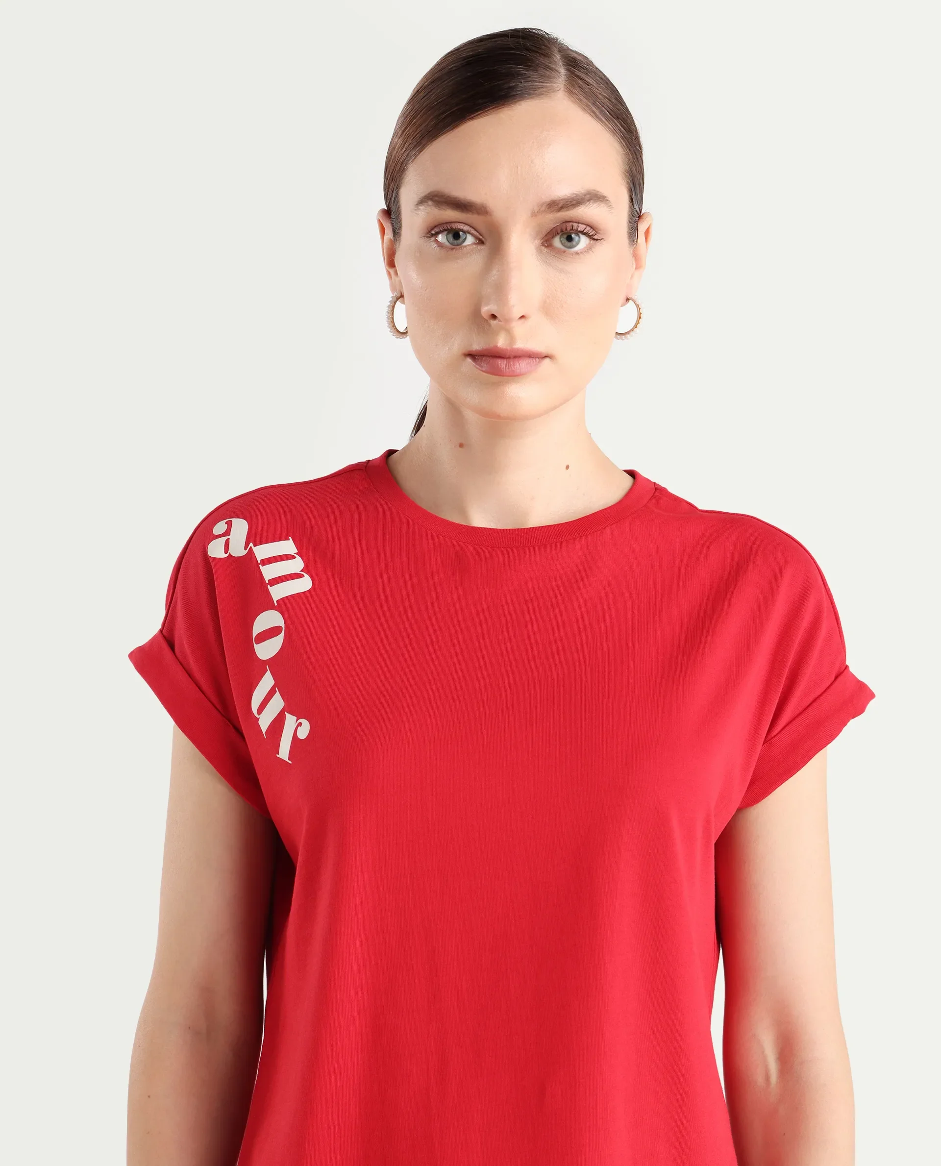 Rareism Women's Somvet-R Red Cotton Regular Graphic Print T-Shirt - Image 5