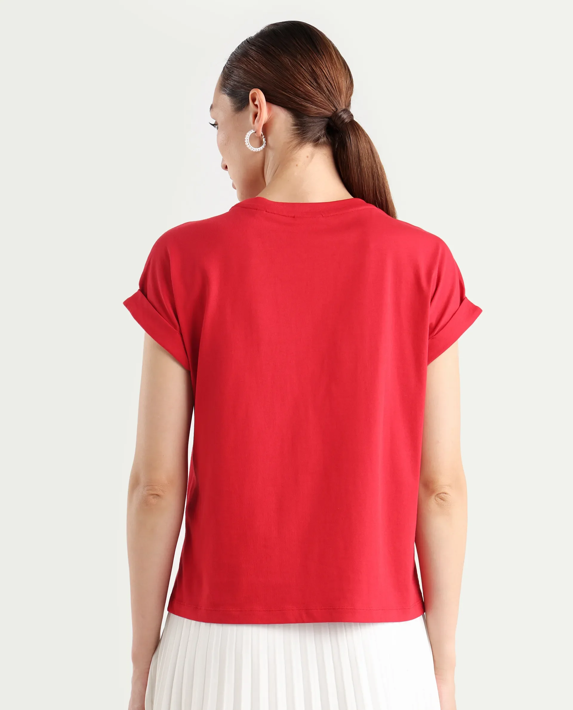 Rareism Women's Somvet-R Red Cotton Regular Graphic Print T-Shirt - Image 8