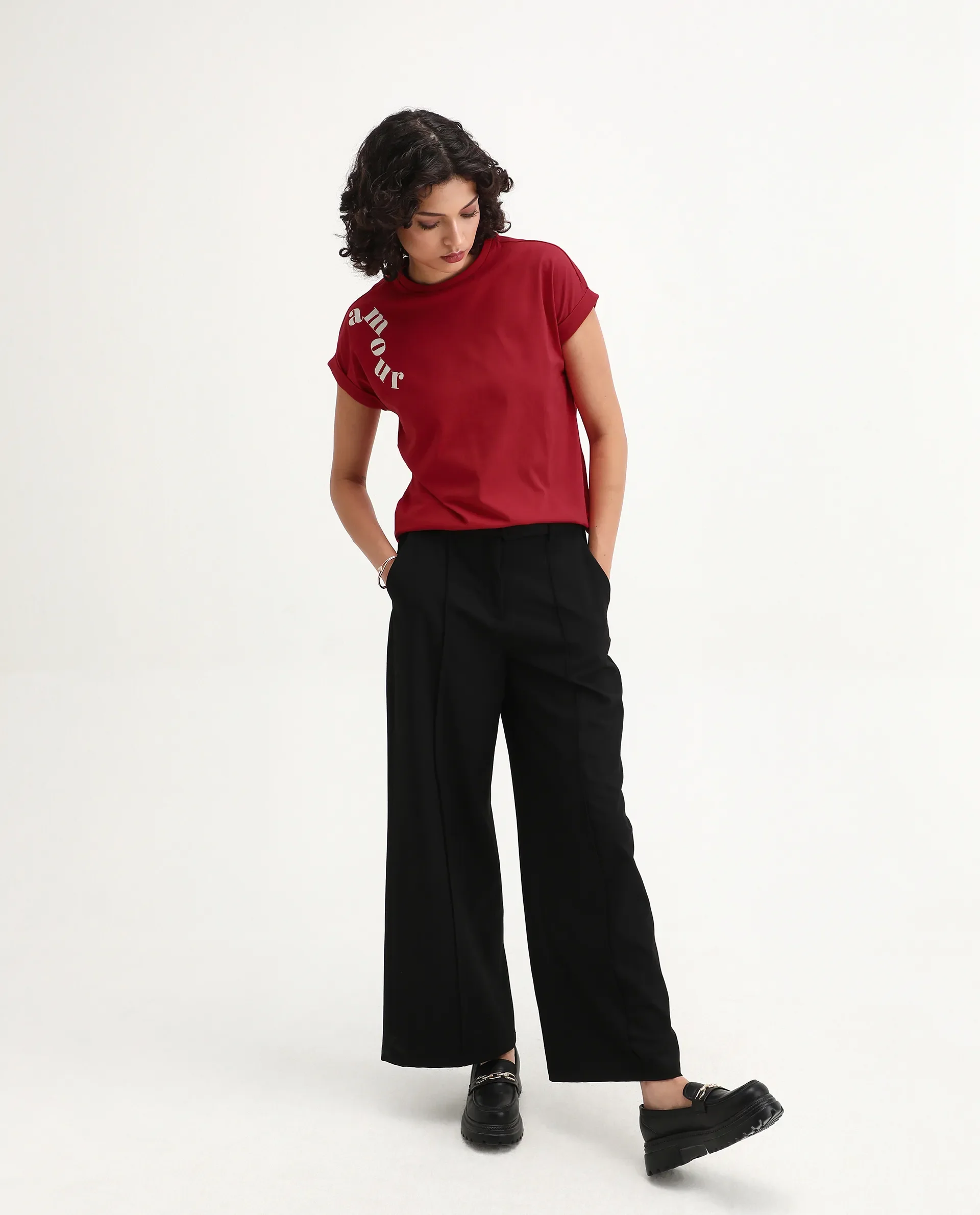 Rareism Women's Somvet Red Cotton Crew Neck Graphic Print Extended Sleeves Regular Fit T-Shirt - Image 2