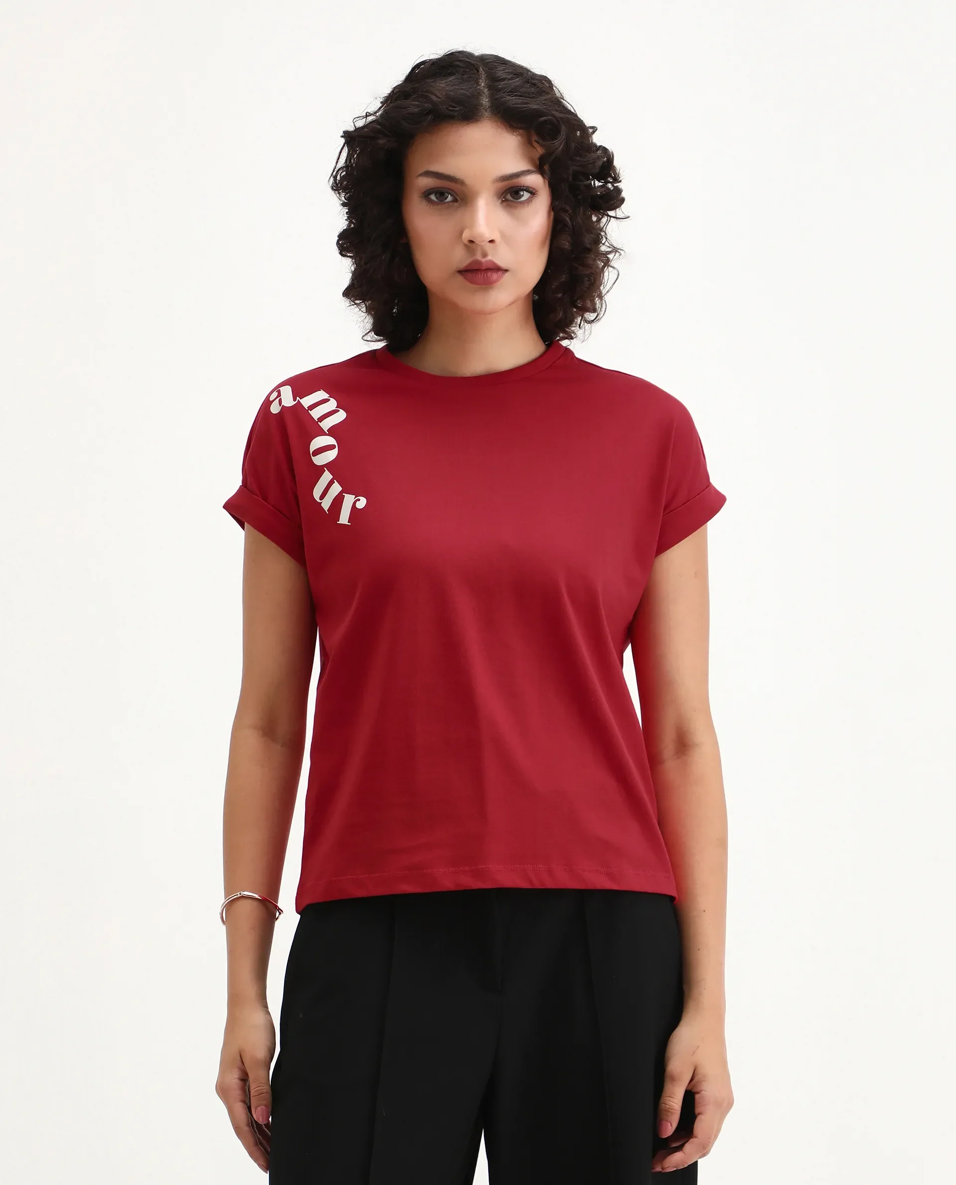 Rareism Women's Somvet Red Cotton Crew Neck Graphic Print Extended Sleeves Regular Fit T-Shirt - Image 3