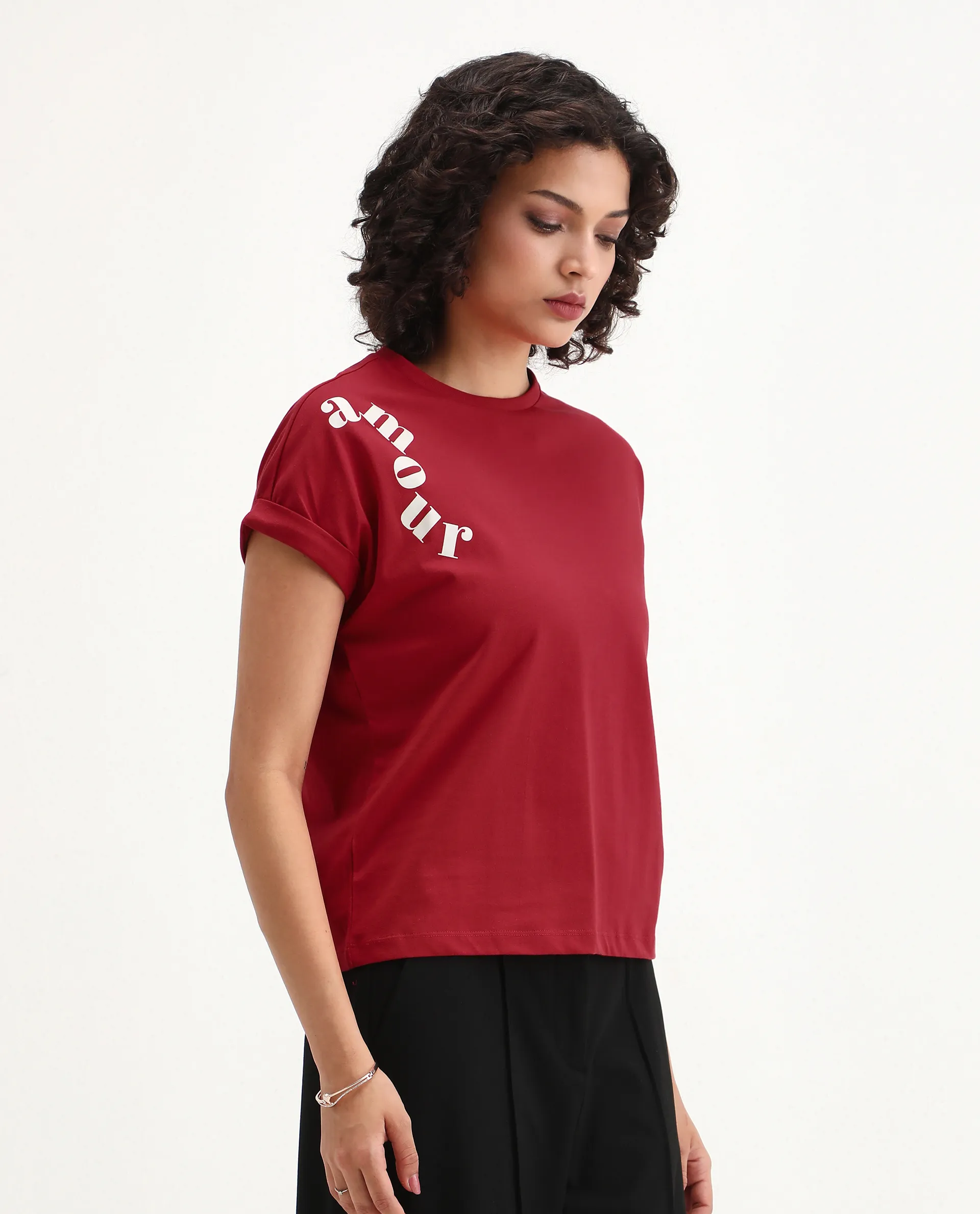 Rareism Women's Somvet Red Cotton Crew Neck Graphic Print Extended Sleeves Regular Fit T-Shirt - Image 4
