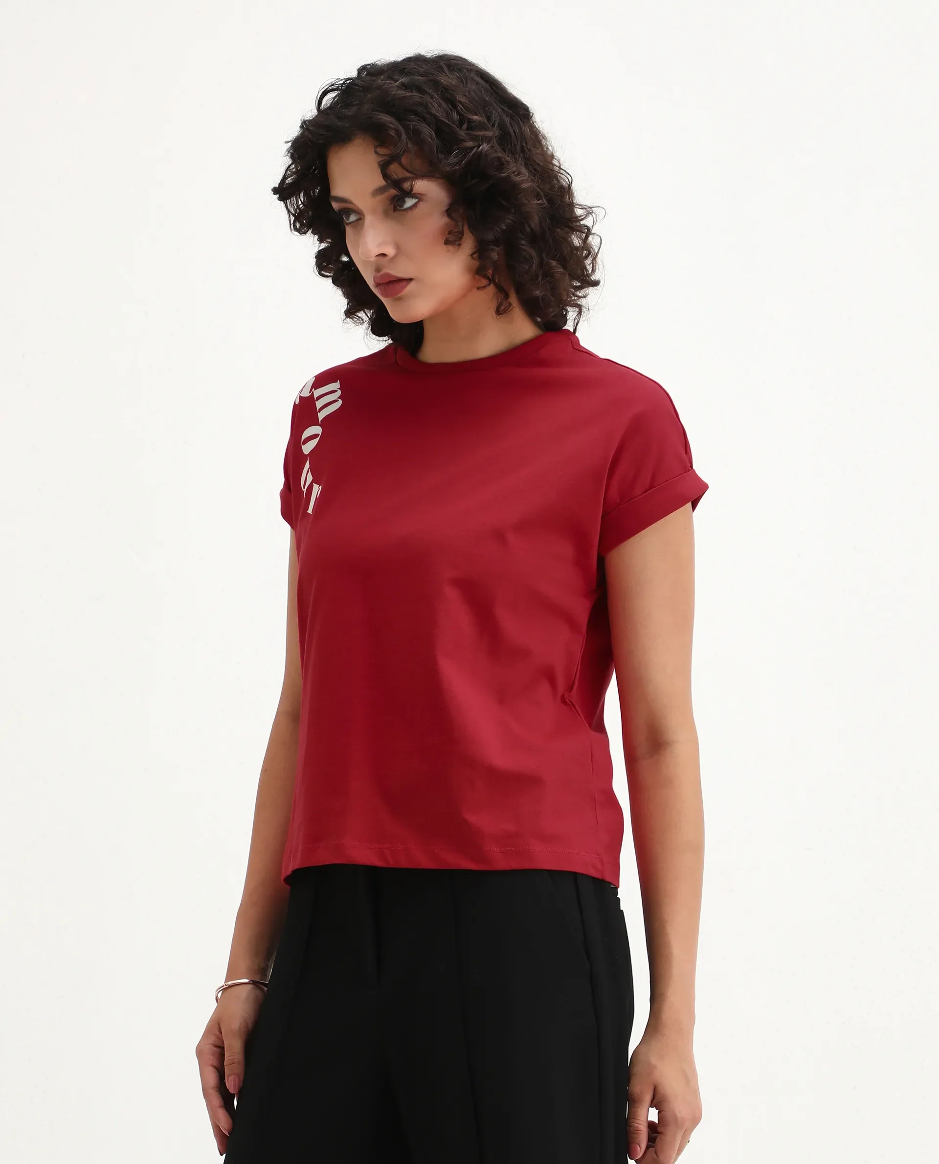 Rareism Women's Somvet Red Cotton Crew Neck Graphic Print Extended Sleeves Regular Fit T-Shirt - Image 5